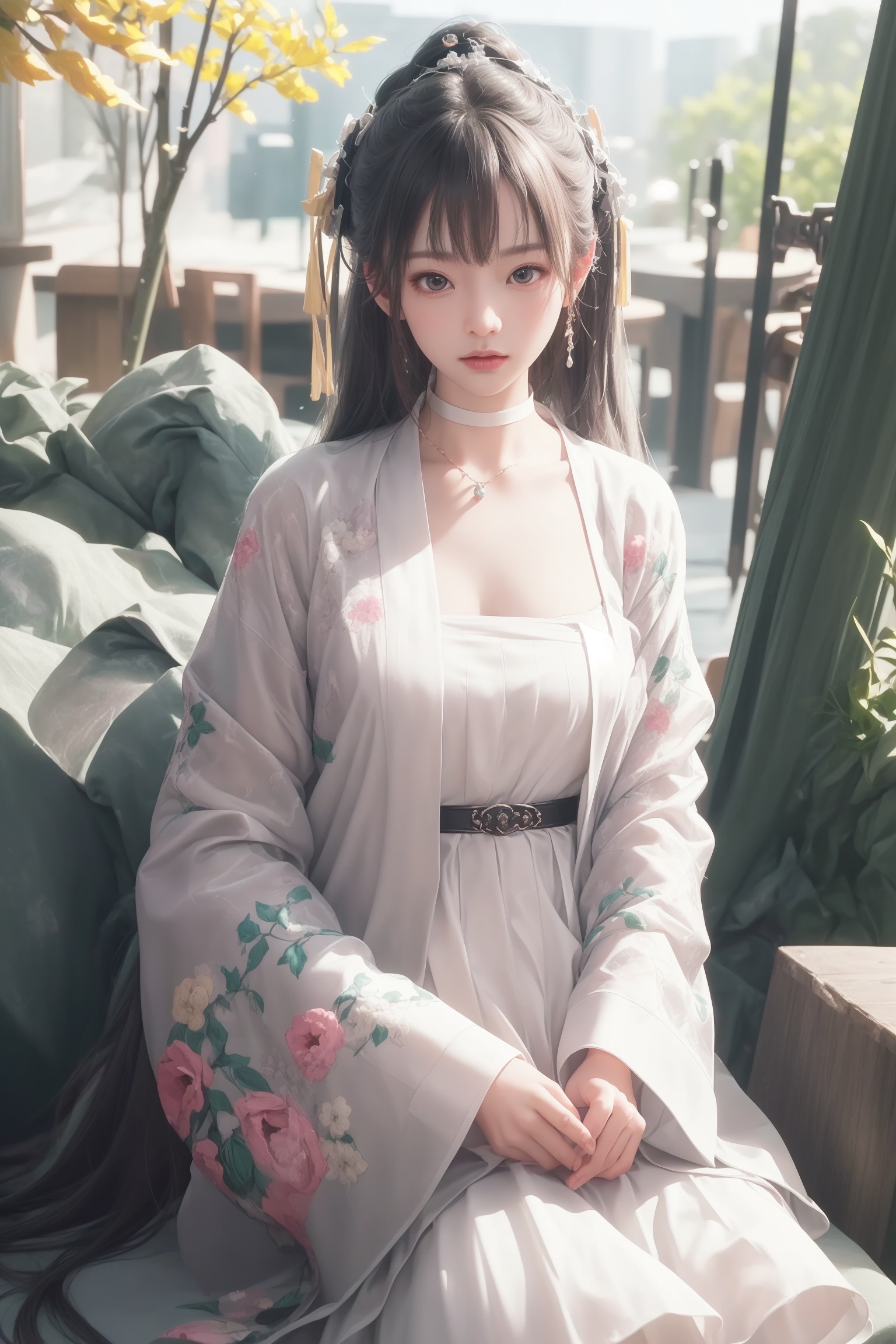 1giel,long hair,jewerly,hanfu,depth of filed,, (((masterpiece,best quality))),((good structure)),((Good composition)), ((clear, original,beautiful)), (clear details, clear light，clear structure),(high res raw,4K,8k),official art,((ultra high res, photorealistic, realistic,best quality,photo-realistic)), ( raw photo, best quality, masterpiece),(photon mapping,  physically-based rendering,automatic white balance),  illustration,CG ,unity ,wallpaper, Amazing, finely detail, an extremely delicate and beautiful,extremely detailed, highly detailed, sharp focus,rich background,Intelligent repair,Third-dimensional sense,rich frame levels,