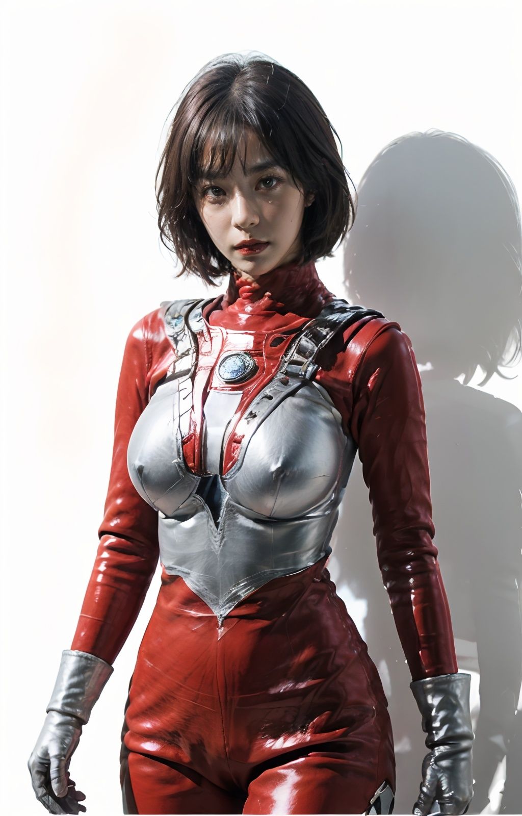 4K, High Quality, realistic, (white background:1.3),
full body,

 a girl, short hair, solo,
 bodysuit, leather, navel, (red pattern), silver boots, 
 silver gloves, silver body, 
 ,ultrawoman