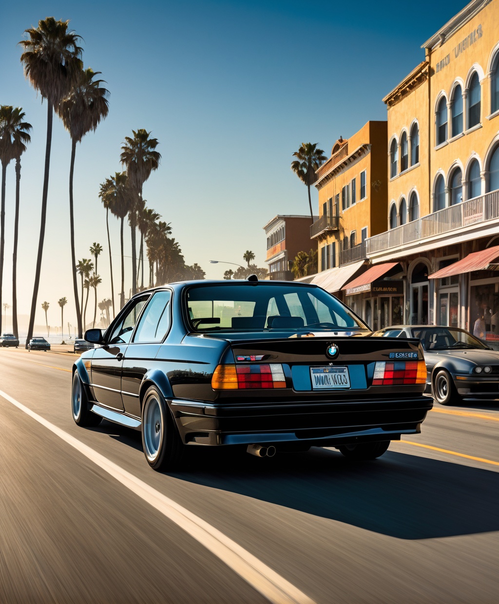 of 1990’s style movie poster of a matte black 1989 BMW M3 racing through the Venice Beach boardwalk,  sunlight,  noir ligh...