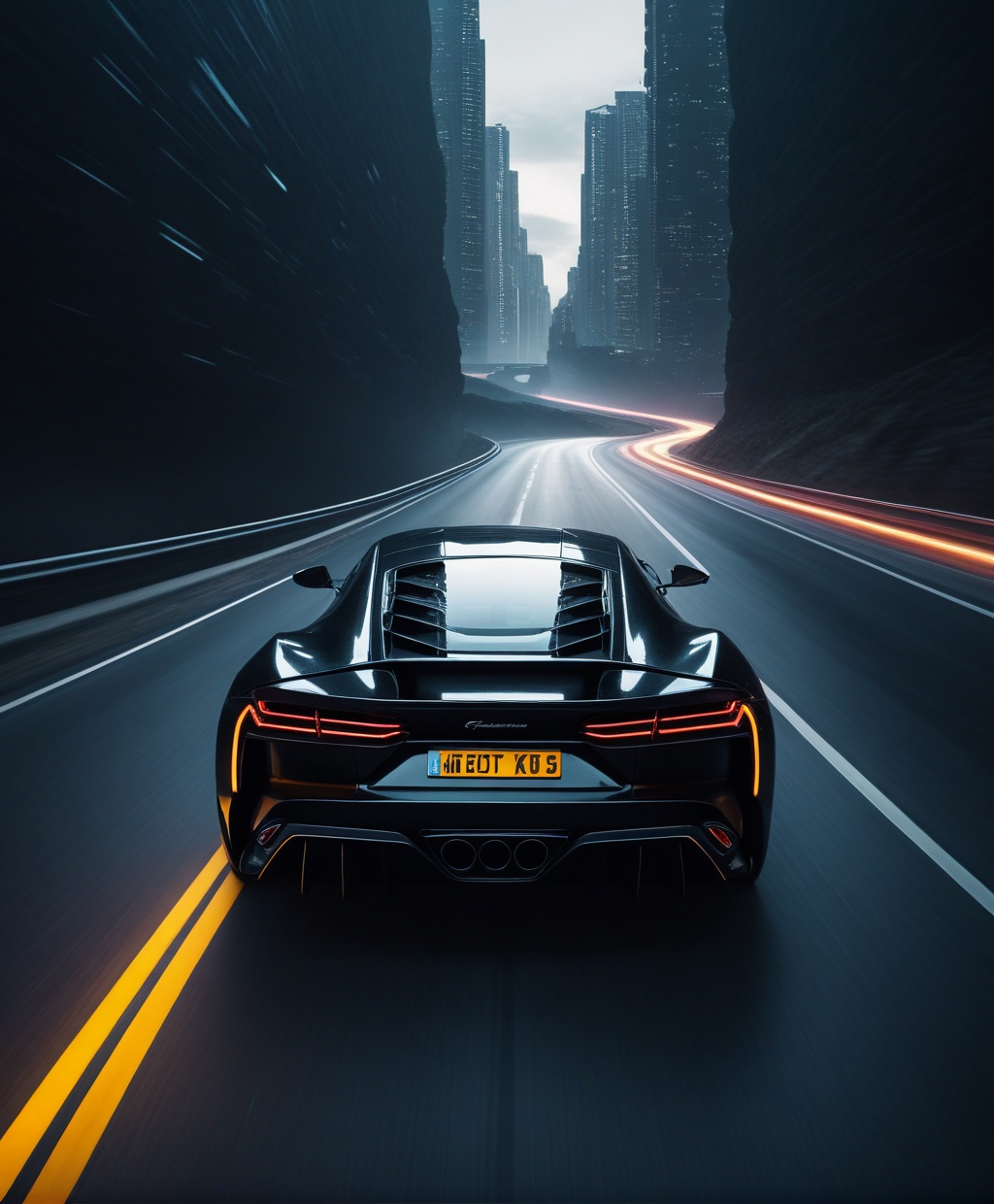 of A sleek black sports car speeding down a winding road,  beauty light,  cyberpunk on Tensor.Art