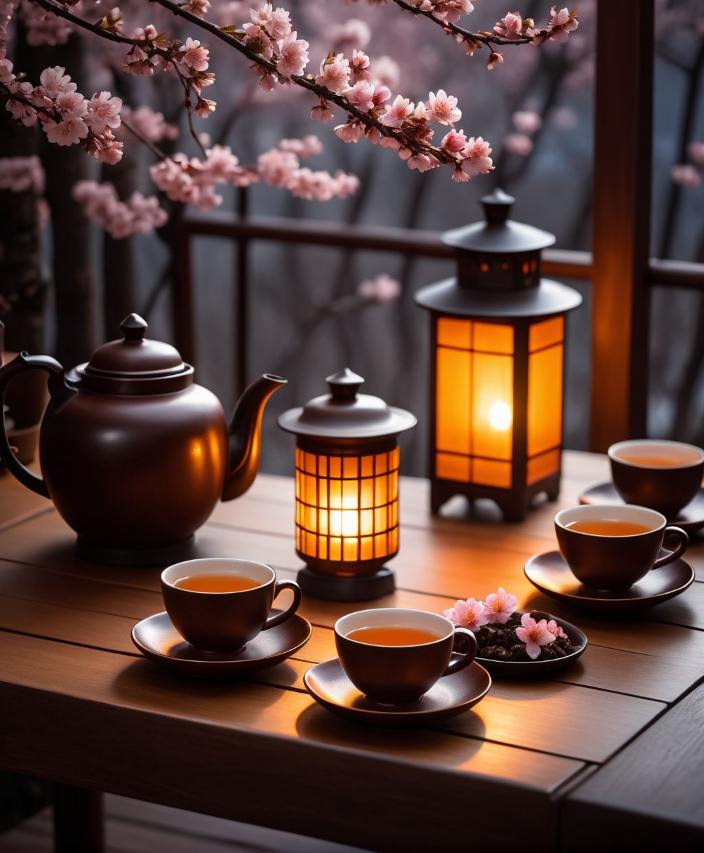 of tea sets with lantern on wooden table with flowers,  in the style of japanese influence,  enchanting lighting on Tensor...