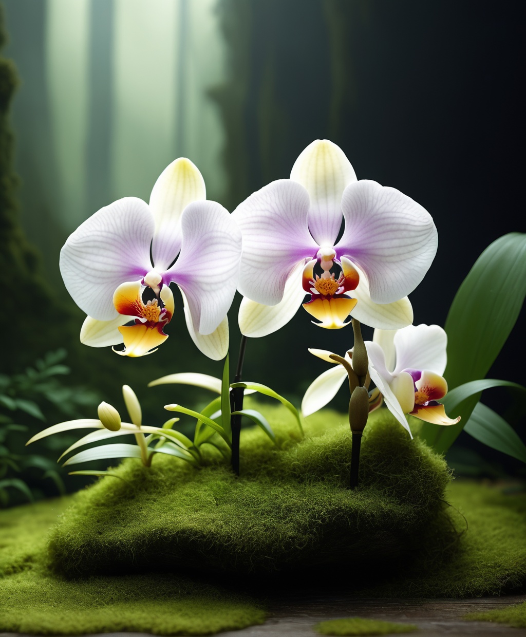 of On a moss covered background,  two beautiful orchids are presented in a Helios 44-2 58mm f/2 style. This work combines...