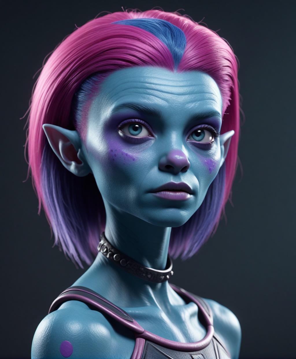 of alien female character with blue skin,  with purple and pink hair,  and accessories in the game on Tensor.Art