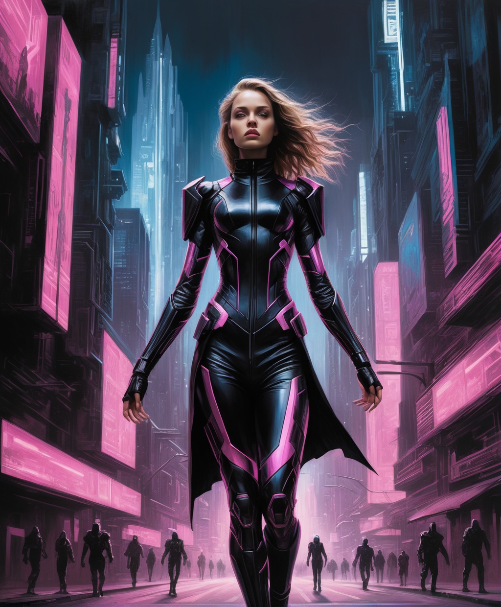 of a young woman wearing black costume walks down the street with her arms raised,  in the style of cyberpunk futurism,  l...