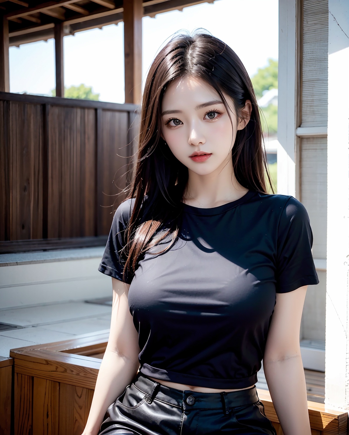 AI-generated upper body shot image of a shiny-black-haired stunning beatiful Japanese woman wearing a black T-shirt and bl...