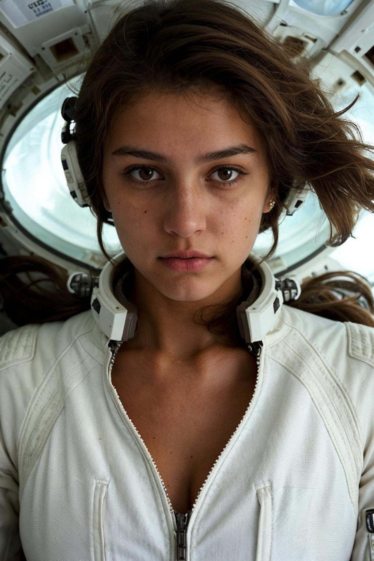 a photo of a messy brown hair girl,  unbuttoned white space suit,  cleavage on Tensor.Art
