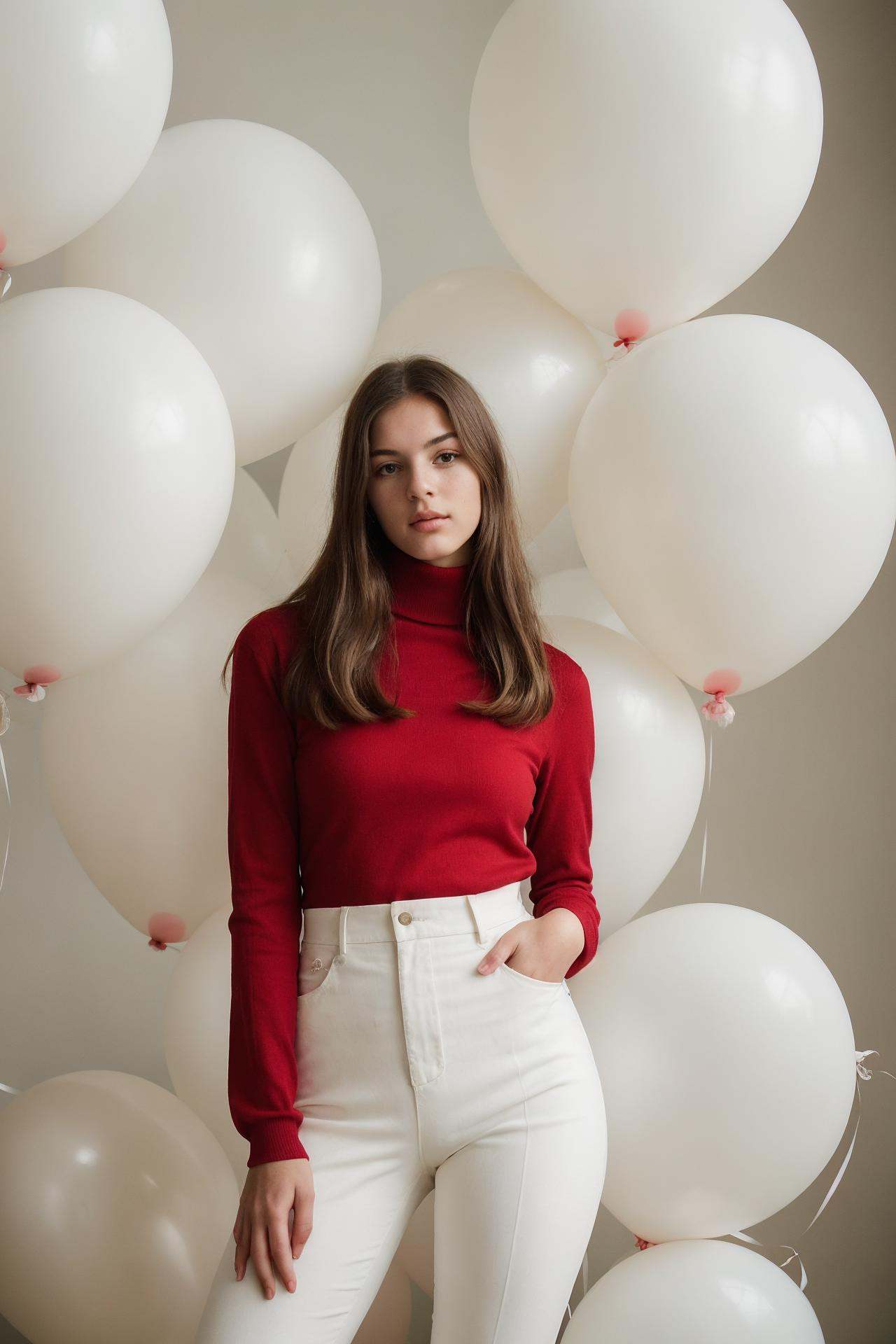 fashion portrait photo of beautiful young woman from the 60s wearing a red turtleneck standing in the middle of a ton of w...