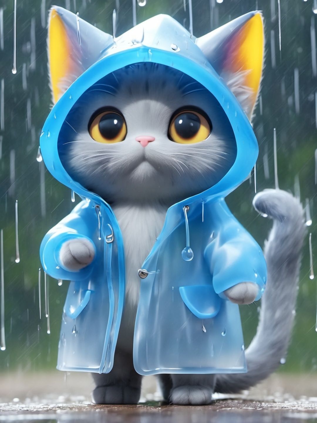 MG_ip, Pixar, rain,  cat,  no humans,  hood,  raincoat,  whiskers,  zipper,  animal,  solo,  tail,  animal focus,  colored sclera,  cat tail,  yellow eyes,  blue sclera,  hood up,  cat hood,  jacket,  Transparent raincoat, <lora:EMS-45693-EMS:1.100000>