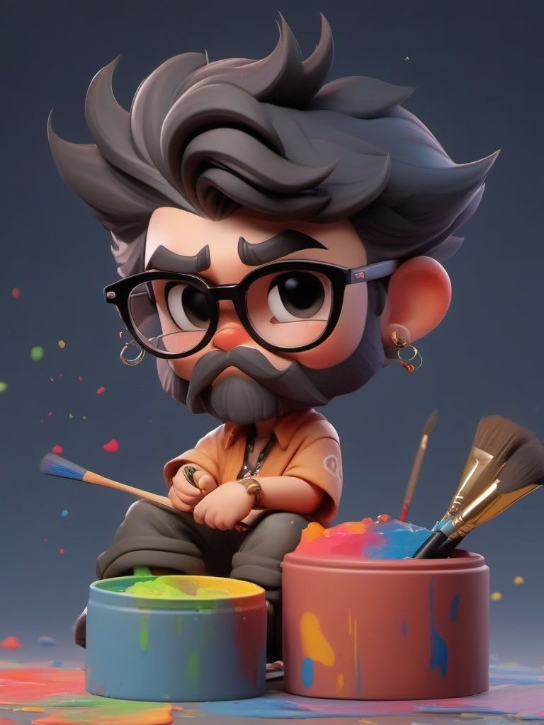 MG_ip, Pixar, 1boy,  male focus,  solo,  facial hair,  beard,  chibi,  glasses,  tattoo,  short hair,  paint splatter on face,  paintbrush,  thick eyebrows,  paint,  shirt,  pants,  holding,  black-framed eyewear,  piercing,  mature male,  jewelry,  palette \(object\),  black eyes,  earrings,  looking at viewer,  painting, <lora:EMS-42449-EMS:1.000000>