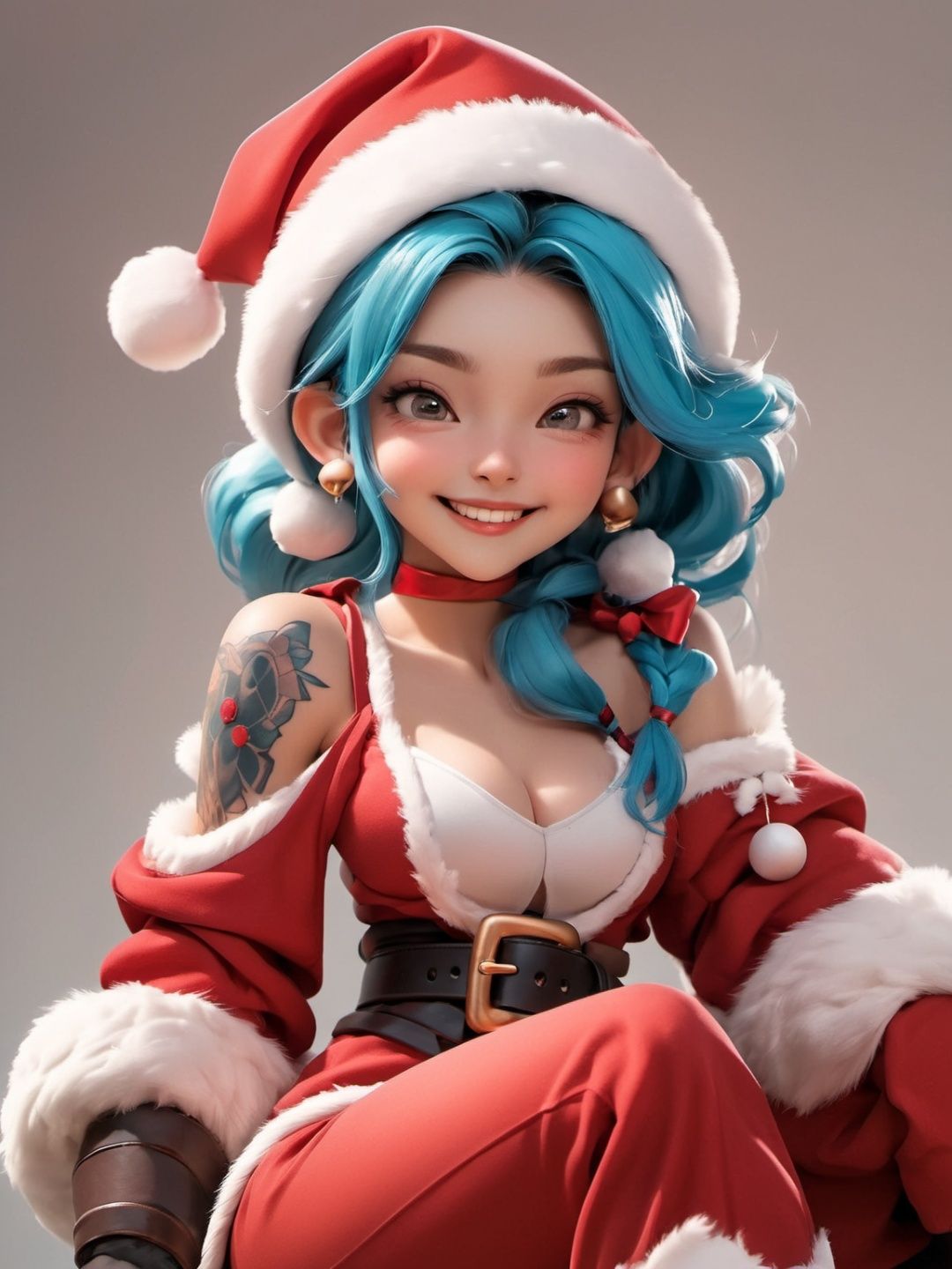 Pixar style, MG_ip,  1girl,  long hair,  jinx \(league of legends\),  solo,  smile,  santa hat,  gradient background,  hat,  one eye closed,  braid,  gradient,  tattoo,  brown gloves,  pants,  sitting,  gloves,  bangs,  blue hair,  red headwear,  belt,  gift,  earrings,  fur-trimmed headwear,  christmas,  jewelry,  brown belt,  grey background,  shoulder tattoo,  bare shoulders,  santa costume,  arm tattoo,  looking at viewer,  shiny hair,  Jinks, <lora:EMS-45923-EMS:1.000000>