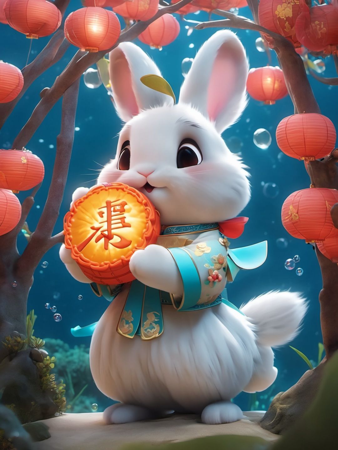 Pixar style,  MG_ip,  a rabbit holding a mooncake,  wearing a floating ribbon,  standing under a osmanthus tree with a big moon behind it,  (underwater :1.3),  bubbles,  furry,  open mouth,  Orcs,  Mid-Autumn Festival, <lora:EMS-45494-EMS:1.000000>