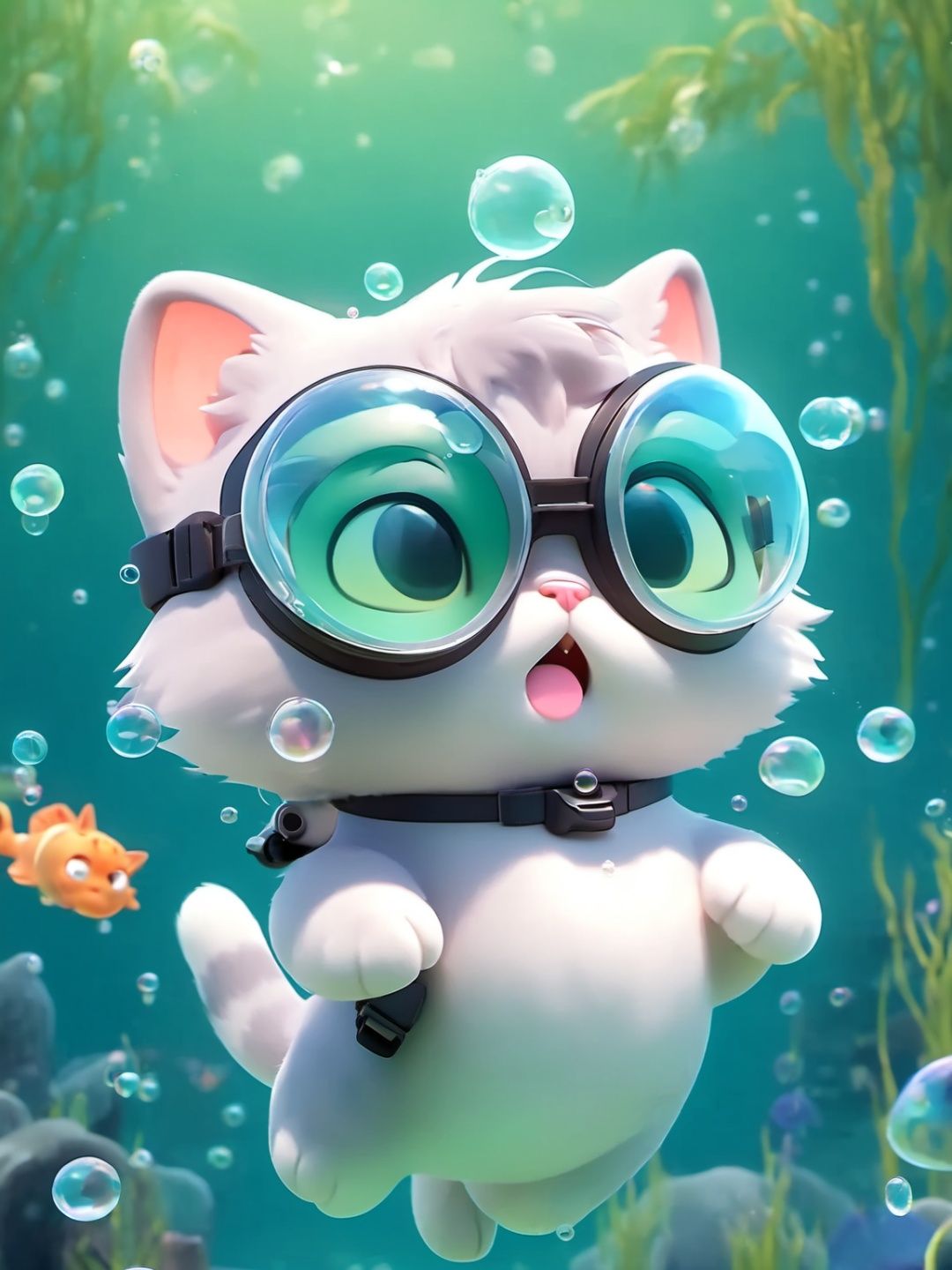Pixar style, MG_ip,  cat,  goggles,  green eyes,  bubble,  open mouth,  underwater,  fangs,  looking at viewer,  solo,  goggles on head,  no humans,  blush,  air bubble,  full body,  animal,  male focus,  furry, <lora:EMS-45923-EMS:1.100000>