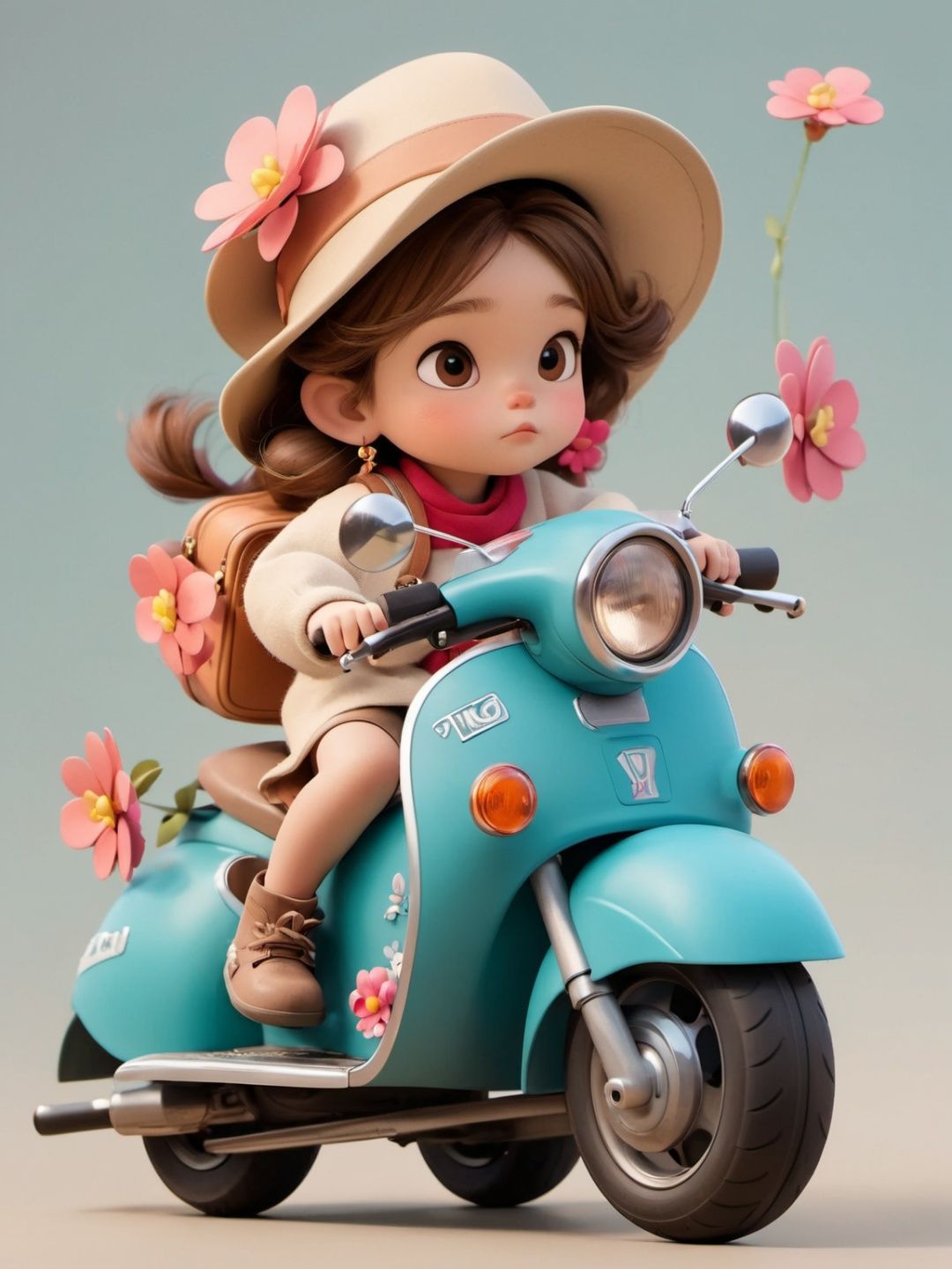 MG_ip, Pixar, 1girl,  solo,  ground vehicle,  brown hair,  hat,  motor vehicle,  flower,  child,  bag,  scooter,  riding,  female child,  brown eyes,  simple background,  earrings,  long sleeves, <lora:EMS-45923-EMS:1.000000>
