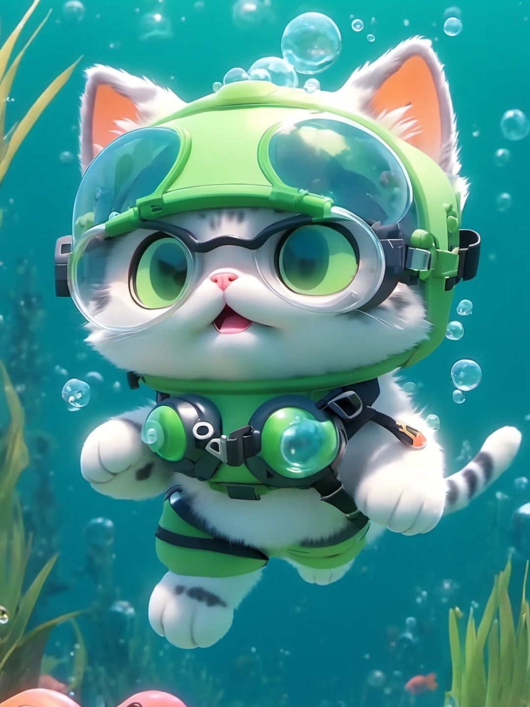 Pixar style, MG_ip,  cat,  goggles,  green eyes,  bubble,  open mouth,  underwater,  fangs,  looking at viewer,  solo,  goggles on head,  no humans,  blush,  air bubble,  full body,  animal,  male focus,  furry, <lora:EMS-45923-EMS:1.100000>