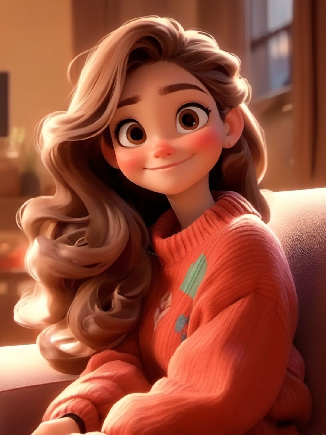 Pixar style,  MG ip,  1girl,  solo,  long hair,  smile,  sitting,  brown hair,  sweater,  wavy hair,  looking to the side,  couch,  red sweater,  looking away,  blurry,  brown eyes,  lips,  indoors,  closed mouth,  thick eyebrows,  head rest,  long sleeves,  blurry background,  blush, <lora:EMS-45923-EMS:1.000000>