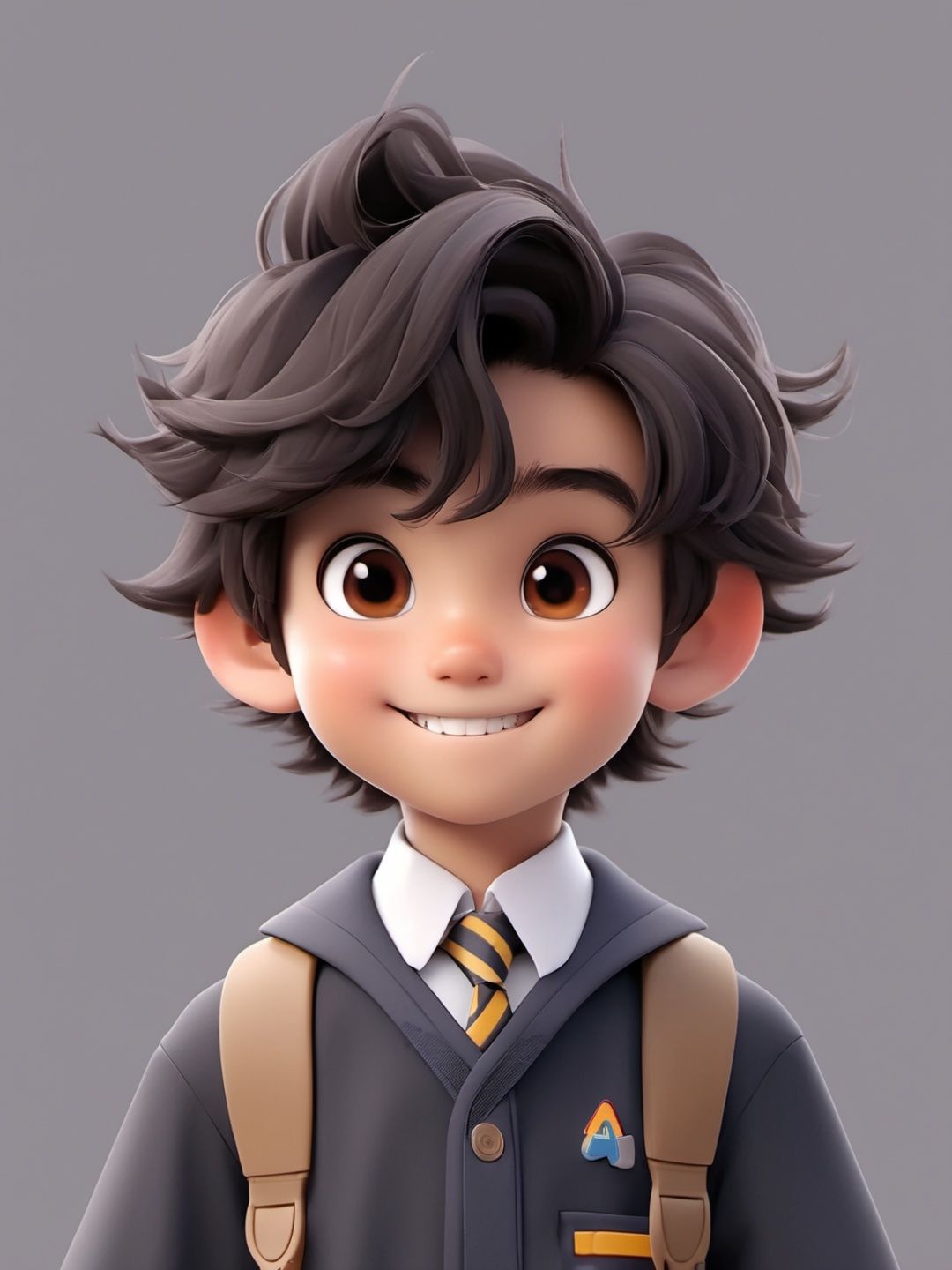 Pixar style,  MG ip,  1boy,  solo,  male focus,  brown eyes,  looking at viewer,  portrait,  black hair,  simple background,  grey background,  school uniform,  male child,  short hair,  smile,  closed mouth, <lora:EMS-45923-EMS:1.000000>
