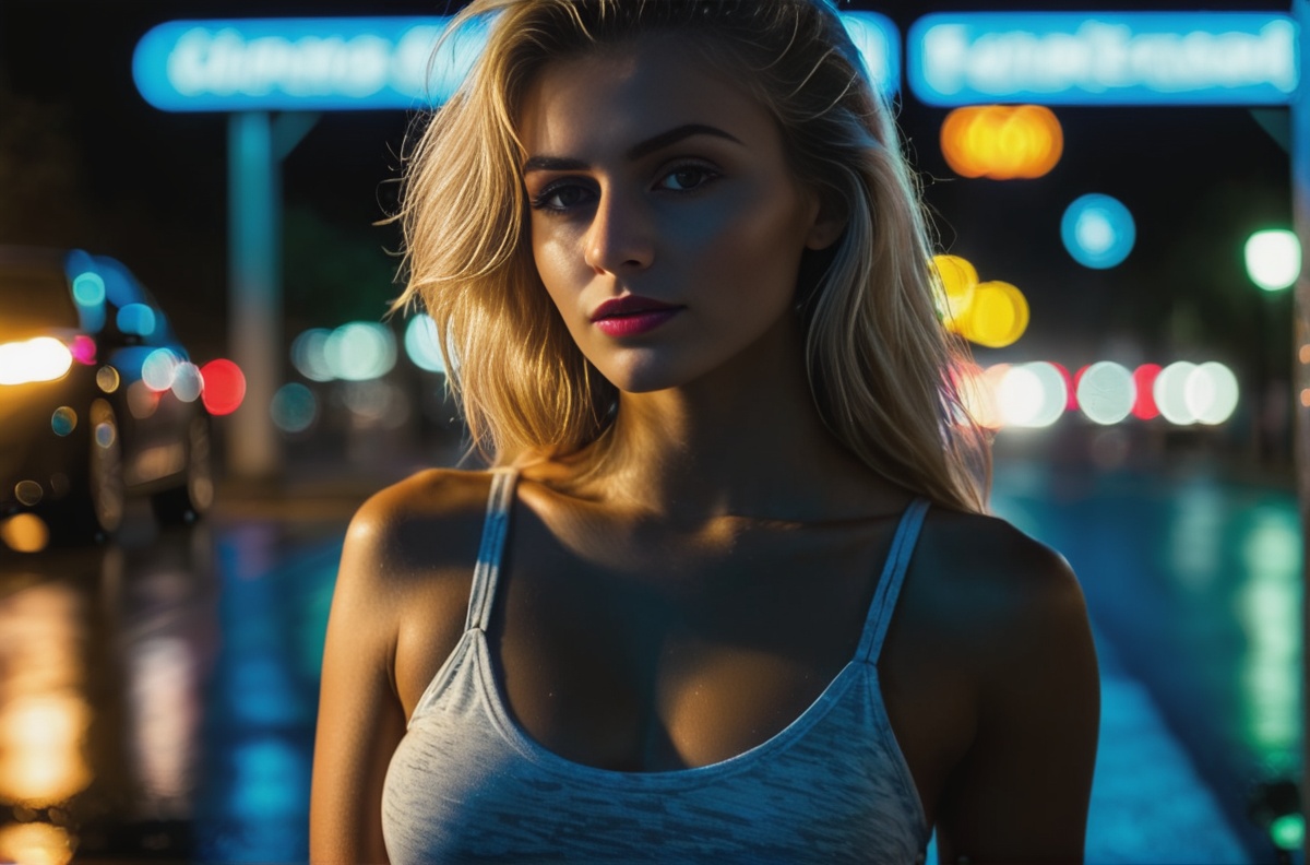 blonde skinny girl standing in front of bmw e30 showing ass in night street in prague,  raw photo,  perfect eyes on Tensor...