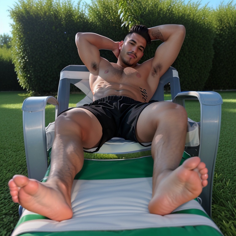 a cozy warm photo of manly latino footballer man showing his feet,  wearing black boxer-shorts,  green field photo on Tens...