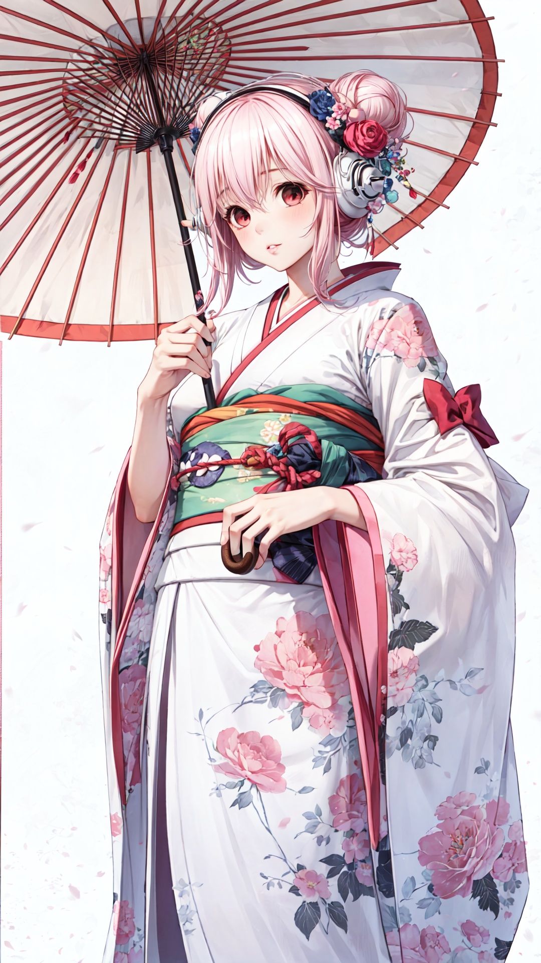 1girl,  yuigahama yui,  solo,  umbrella,  pink hair,  japanese clothes,  kimono,  hair bun,  single side bun,  looking at viewer,  single hair bun,  oil-paper umbrella,  holding,  short hair,  floral print,  realistic,  holding umbrella,  lips,  wide sleeves, Super sonico, ABS, <lora:EMS-55895-EMS:0.800000>, , <lora:EMS-55873-EMS:0.800000>, , <lora:EMS-14488-EMS:0.800000>