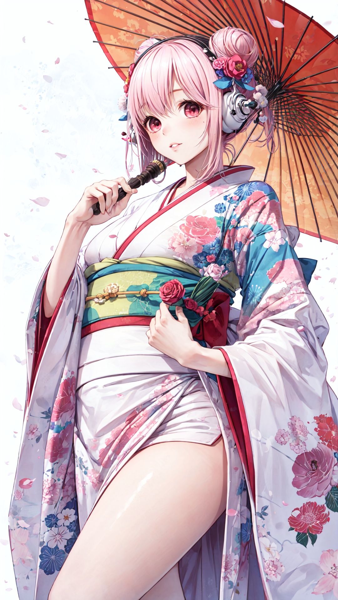 1girl,  yuigahama yui,  solo,  umbrella,  pink hair,  japanese clothes,  kimono,  hair bun,  single side bun,  looking at viewer,  single hair bun,  oil-paper umbrella,  holding,  short hair,  floral print,  realistic,  holding umbrella,  lips,  wide sleeves, Super sonico, ABS, <lora:EMS-55895-EMS:0.800000>, , <lora:EMS-55873-EMS:0.800000>, , <lora:EMS-14488-EMS:0.800000>