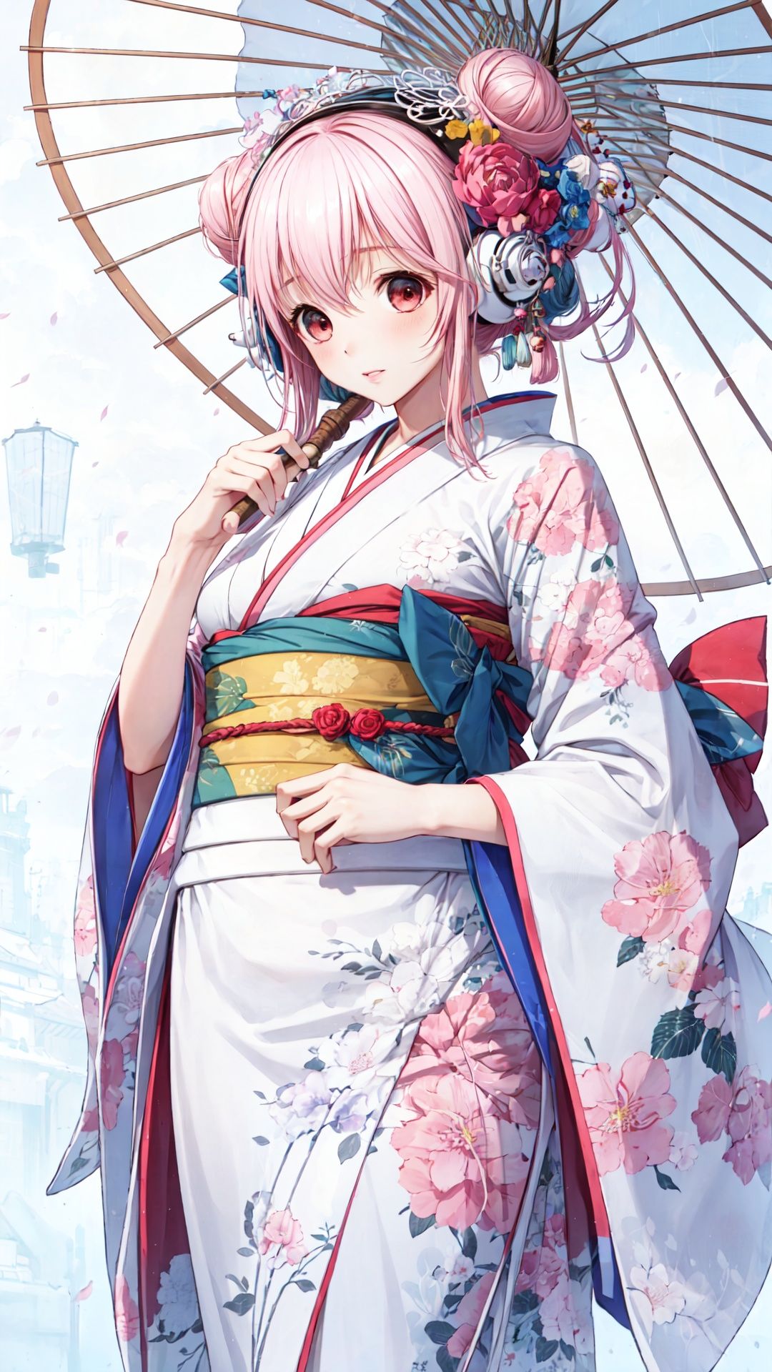 1girl,  yuigahama yui,  solo,  umbrella,  pink hair,  japanese clothes,  kimono,  hair bun,  single side bun,  looking at viewer,  single hair bun,  oil-paper umbrella,  holding,  short hair,  floral print,  realistic,  holding umbrella,  lips,  wide sleeves, Super sonico, ABS, <lora:EMS-55895-EMS:0.800000>, , <lora:EMS-55873-EMS:0.800000>, , <lora:EMS-14488-EMS:0.800000>