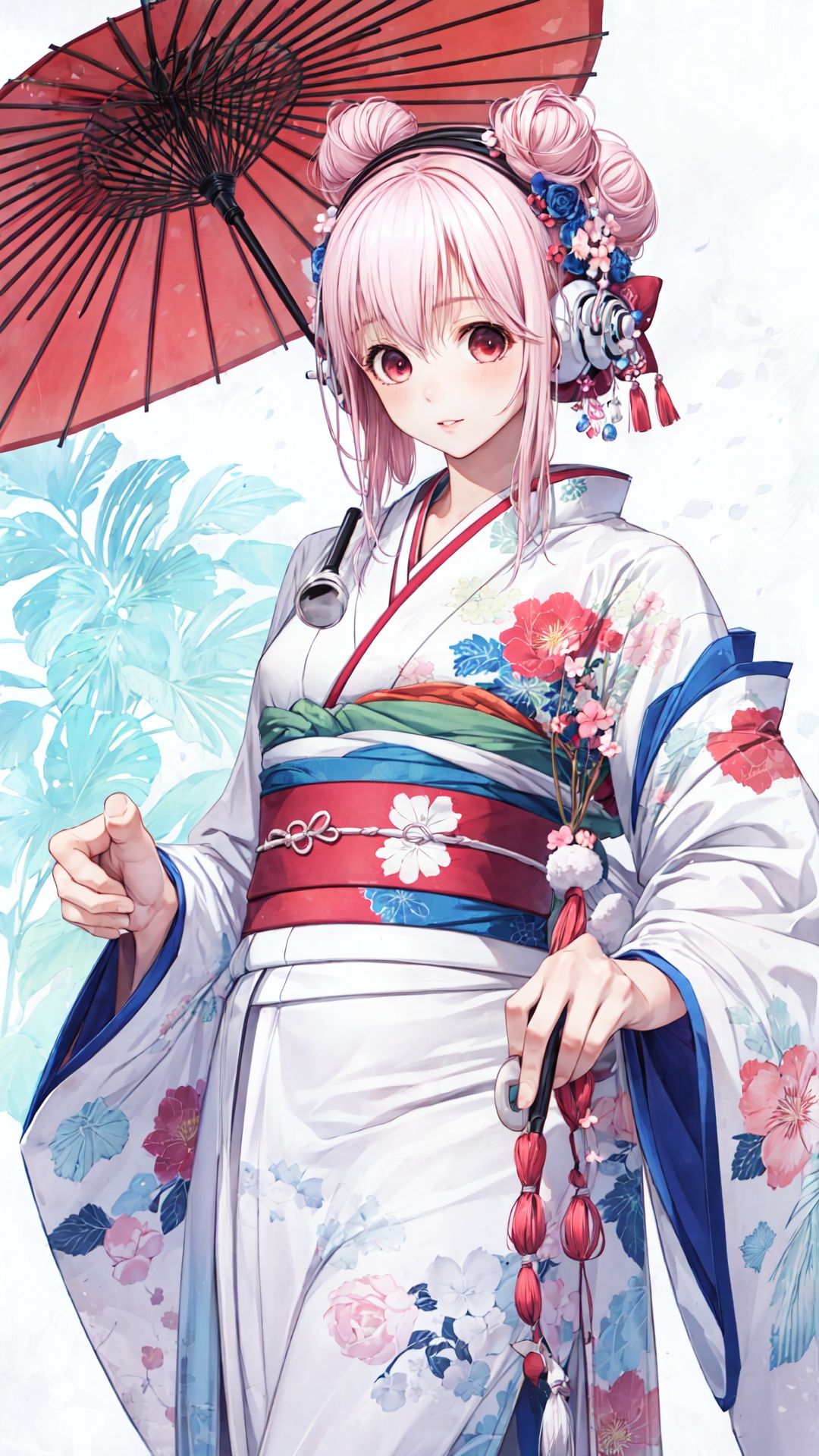 1girl,  yuigahama yui,  solo,  umbrella,  pink hair,  japanese clothes,  kimono,  hair bun,  single side bun,  looking at viewer,  single hair bun,  oil-paper umbrella,  holding,  short hair,  floral print,  realistic,  holding umbrella,  lips,  wide sleeves, Super sonico, ABS, <lora:EMS-55873-EMS:0.800000>, , <lora:EMS-14488-EMS:0.800000>, , <lora:EMS-55895-EMS:0.800000>