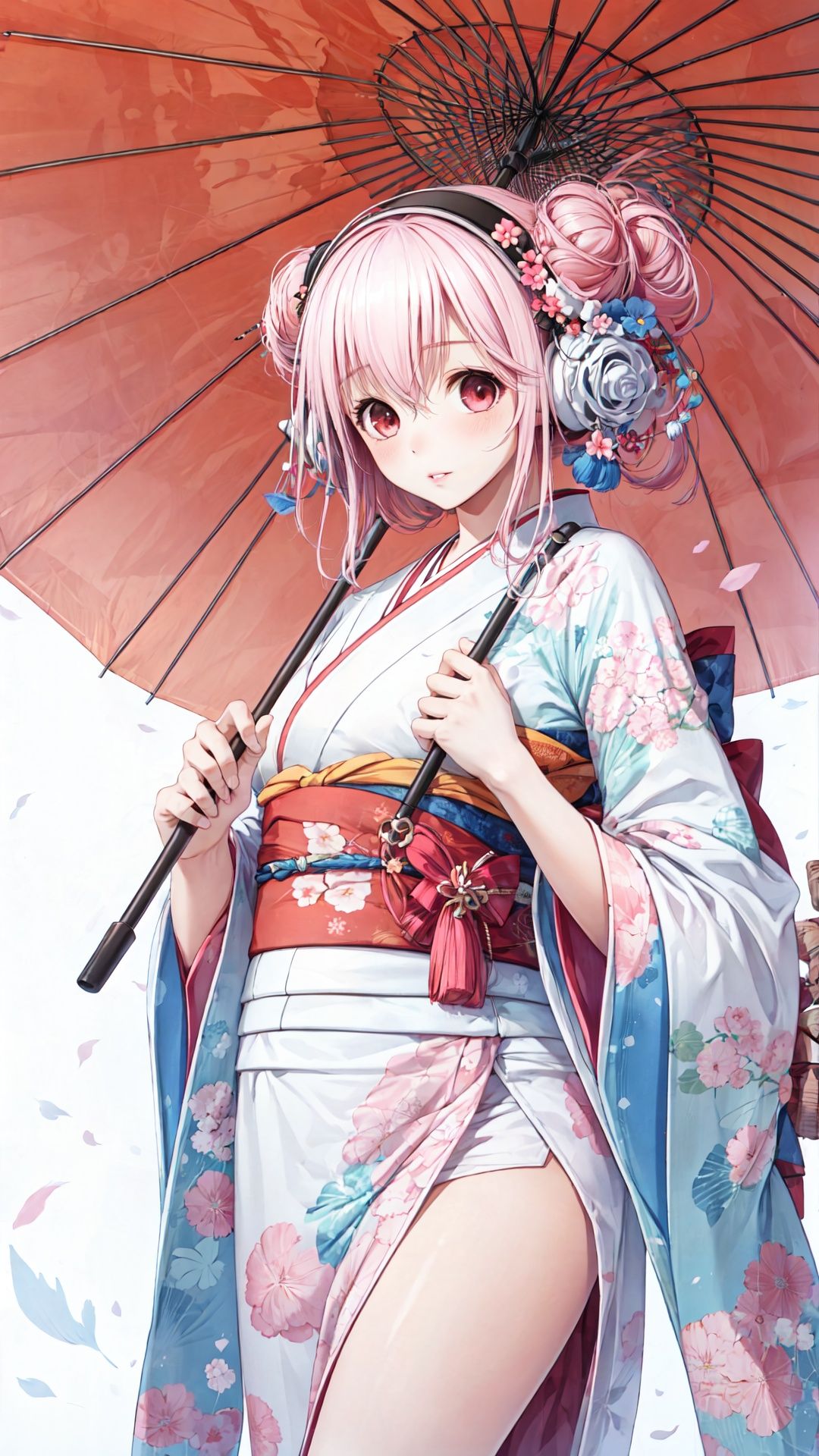 1girl,  yuigahama yui,  solo,  umbrella,  pink hair,  japanese clothes,  kimono,  hair bun,  single side bun,  looking at viewer,  single hair bun,  oil-paper umbrella,  holding,  short hair,  floral print,  realistic,  holding umbrella,  lips,  wide sleeves, Super sonico, ABS, <lora:EMS-55873-EMS:0.800000>, , <lora:EMS-14488-EMS:0.800000>, , <lora:EMS-55895-EMS:0.800000>