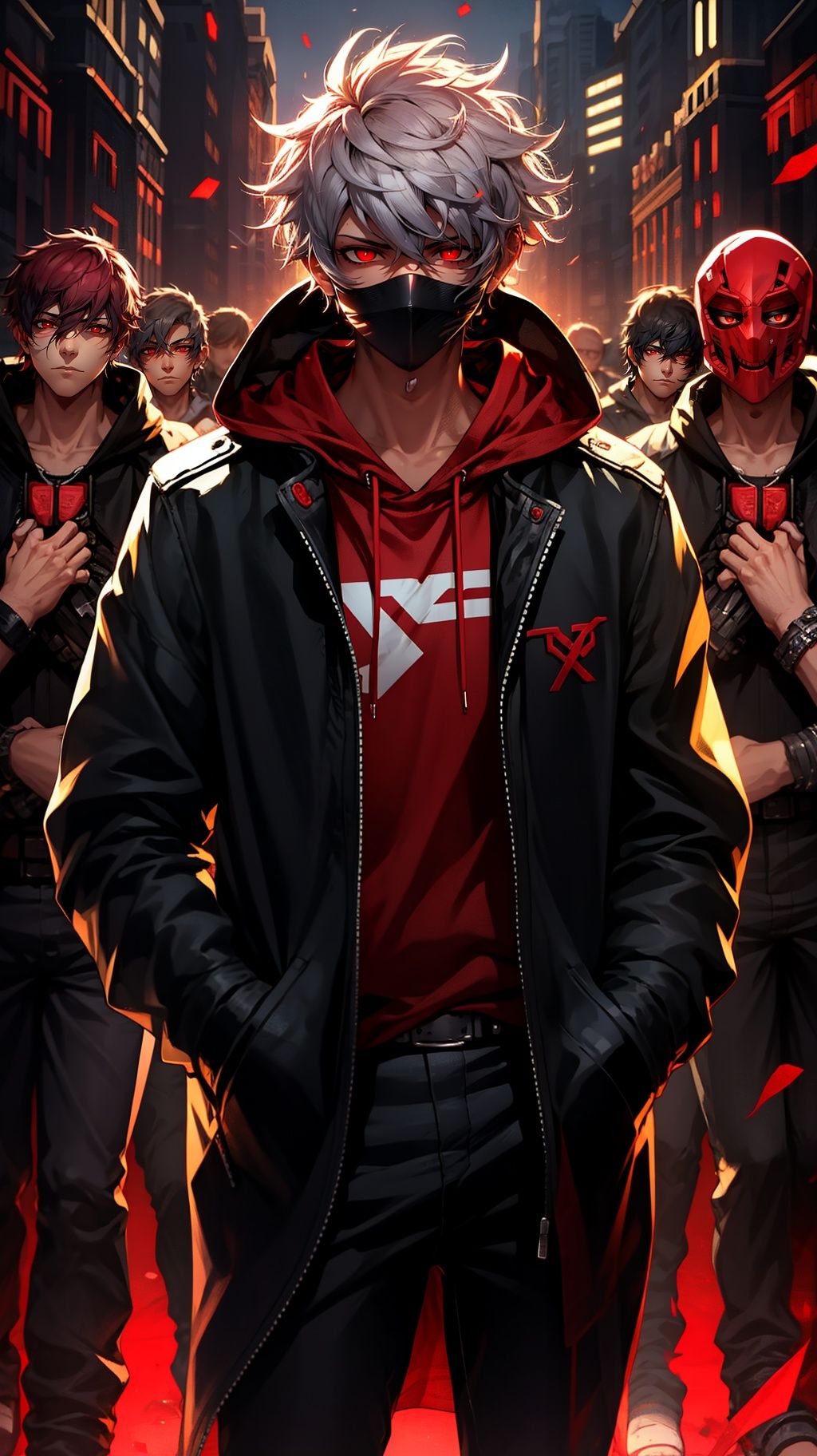 <lora:mn_20231007092457:0.9>,mn,red eyes,hands in pockets,male focus,hood,looking at viewer,6+boys,glowing,red theme,glowing eyes,white hair,1boy,closed mouth,short hair,mask,