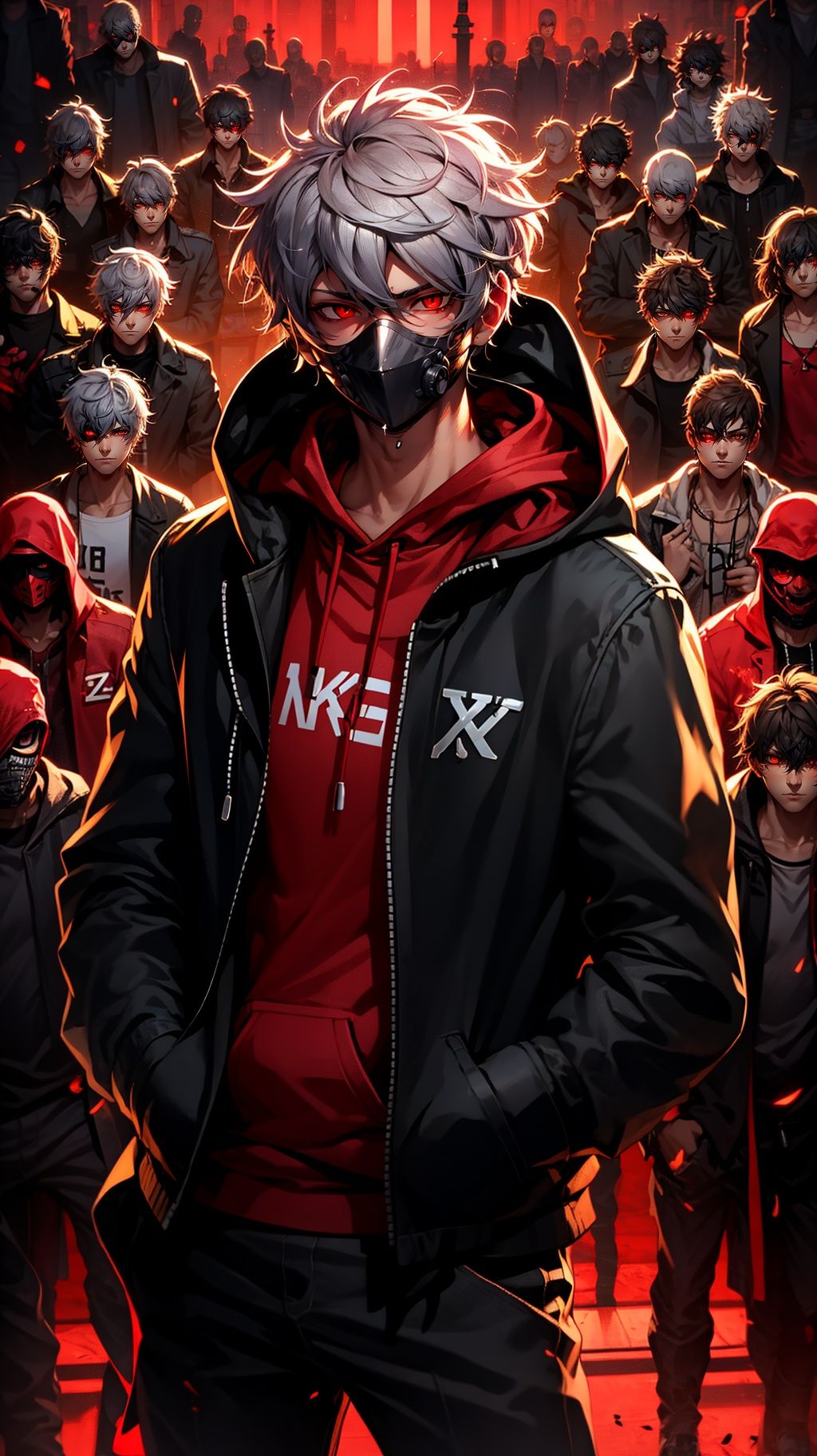 <lora:mn_20231007092457:0.9>,mn,red eyes,hands in pockets,male focus,hood,looking at viewer,6+boys,glowing,red theme,glowing eyes,white hair,1boy,closed mouth,short hair,mask,
