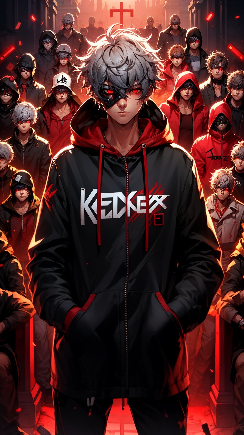 <lora:mn_20231007092457:0.9>,mn,red eyes,hands in pockets,male focus,hood,looking at viewer,6+boys,glowing,red theme,glowing eyes,white hair,1boy,closed mouth,short hair,mask,
