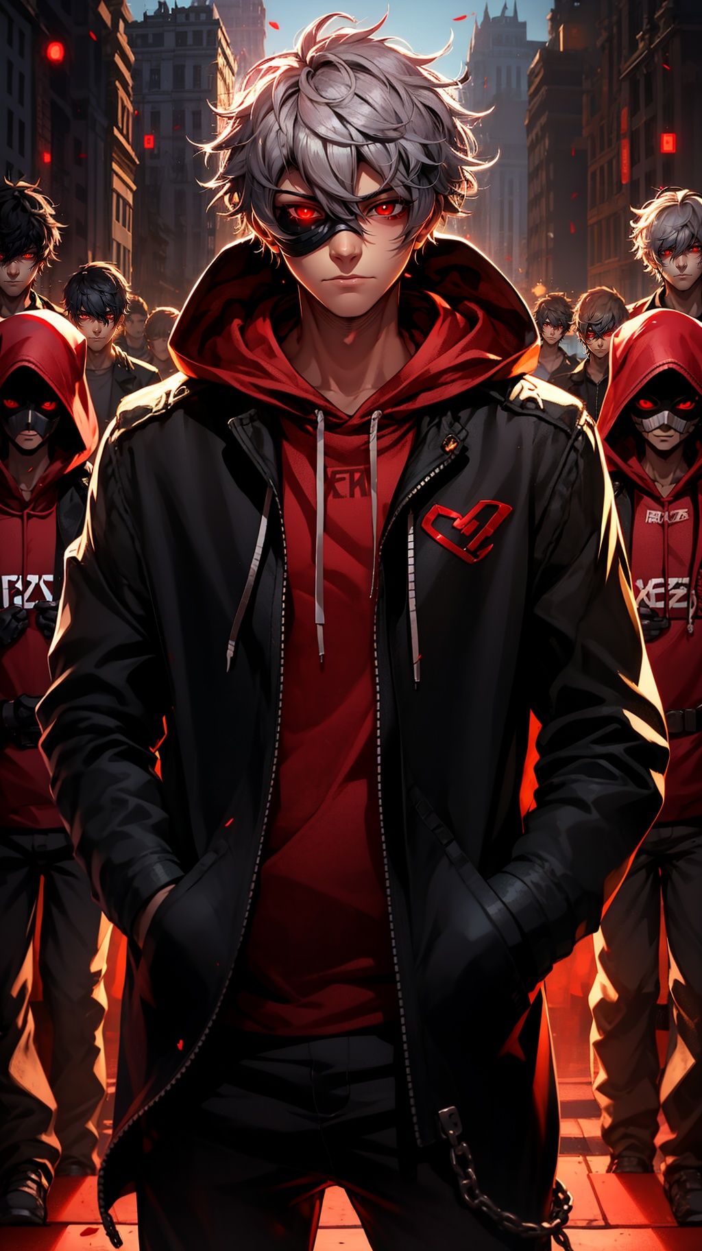 <lora:mn_20231007092457:0.9>,mn,red eyes,hands in pockets,male focus,hood,looking at viewer,6+boys,glowing,red theme,glowing eyes,white hair,1boy,closed mouth,short hair,mask,