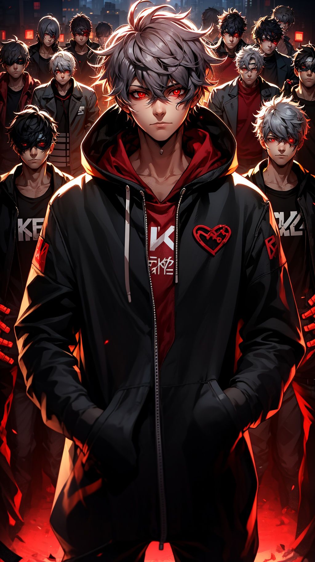 <lora:mn_20231007092457:0.9>,mn,red eyes,hands in pockets,male focus,hood,looking at viewer,6+boys,glowing,red theme,glowing eyes,white hair,1boy,closed mouth,short hair,mask,