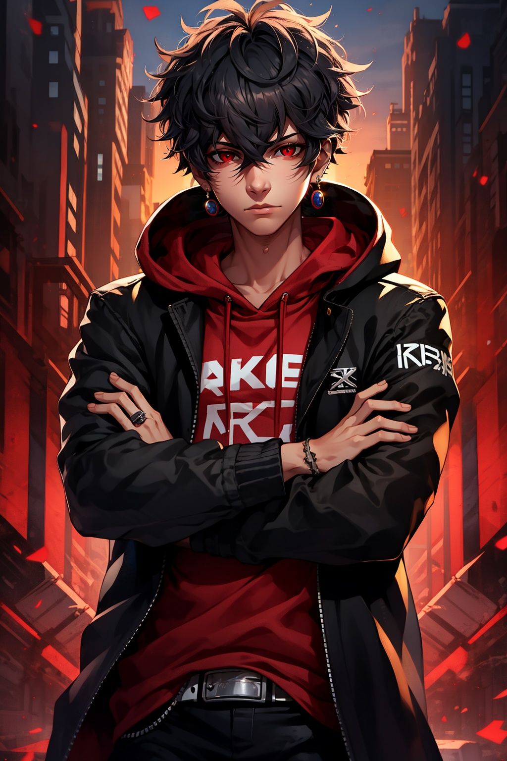 <lora:mn_20231007092457:0.9>,mn,1boy,male focus,red eyes,solo,hood,jewelry,earrings,jacket,hoodie,crossed arms,looking at viewer,black hair,hood down,upper body,hair between eyes,open clothes,red hoodie,open jacket,closed mouth,black jacket,