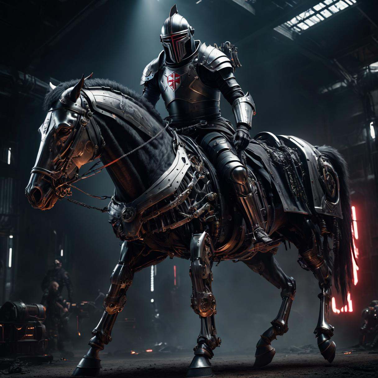 cyberpunk knights' templar (full body neon exoskeleton) riding a ((cyberpunk mechanical horse)) hard into battle,  BREAKte...