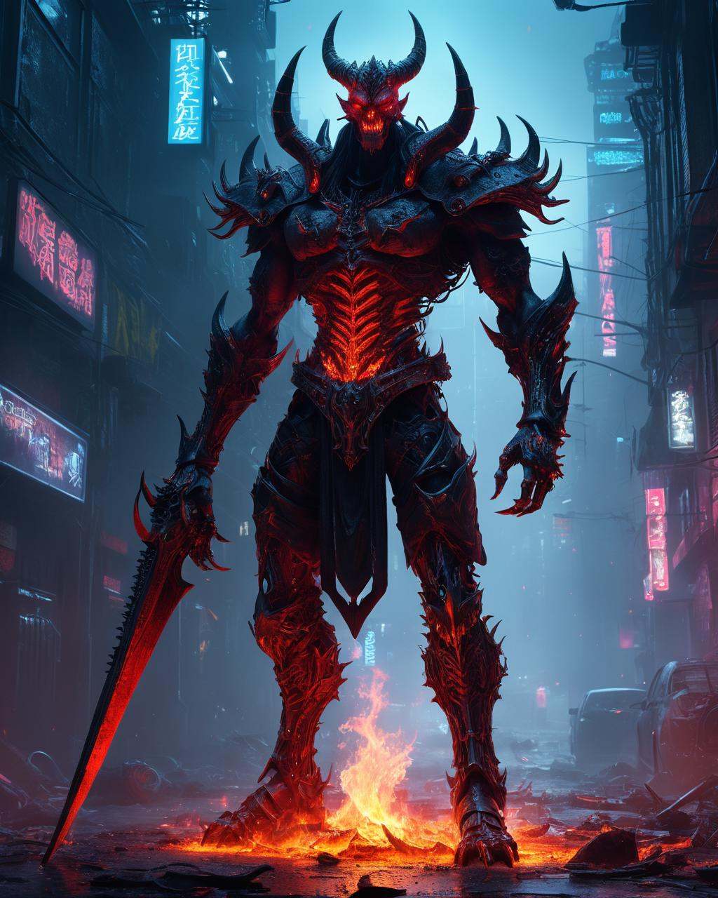 full body complex render ultra detailed of the devilish demon Diablo in cyberpunk style,  150mm,  beautiful neon light on...