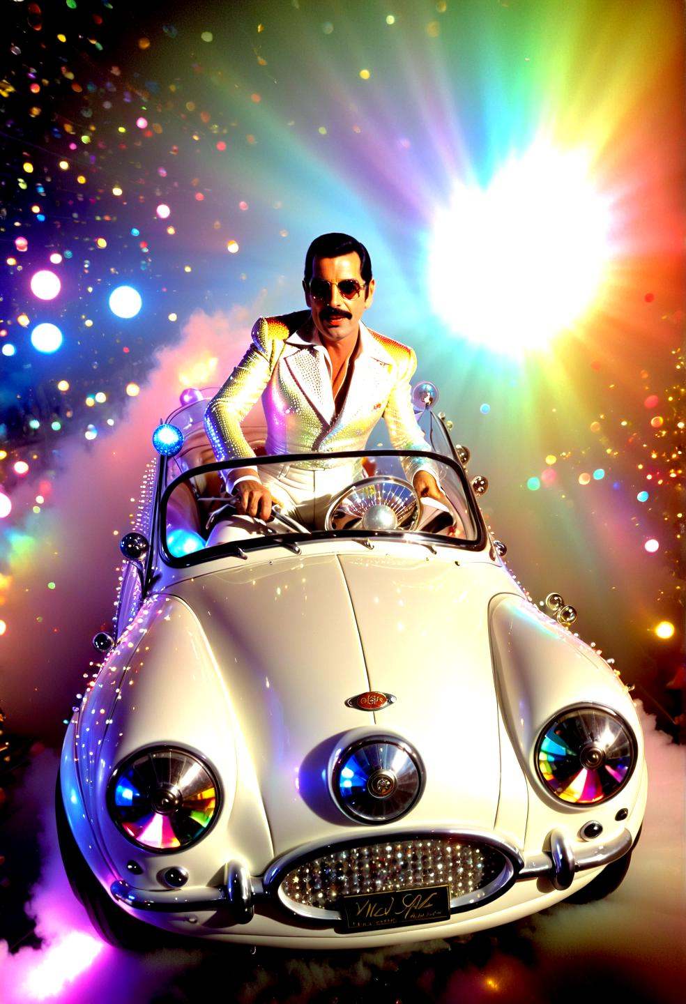 Haute Couture freddie mercury driving a mini sh3lby car,  speed,  fast on Tensor.Art
