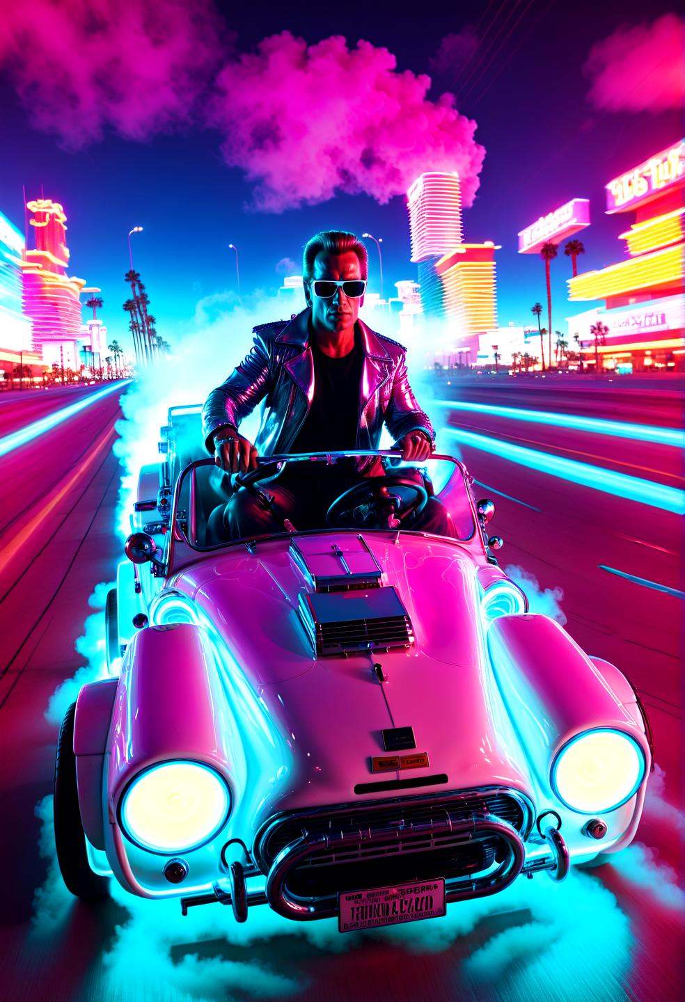 Vaporgram style terminator t800 arnold driving a mini sh3lby car,  speed,  fast on Tensor.Art