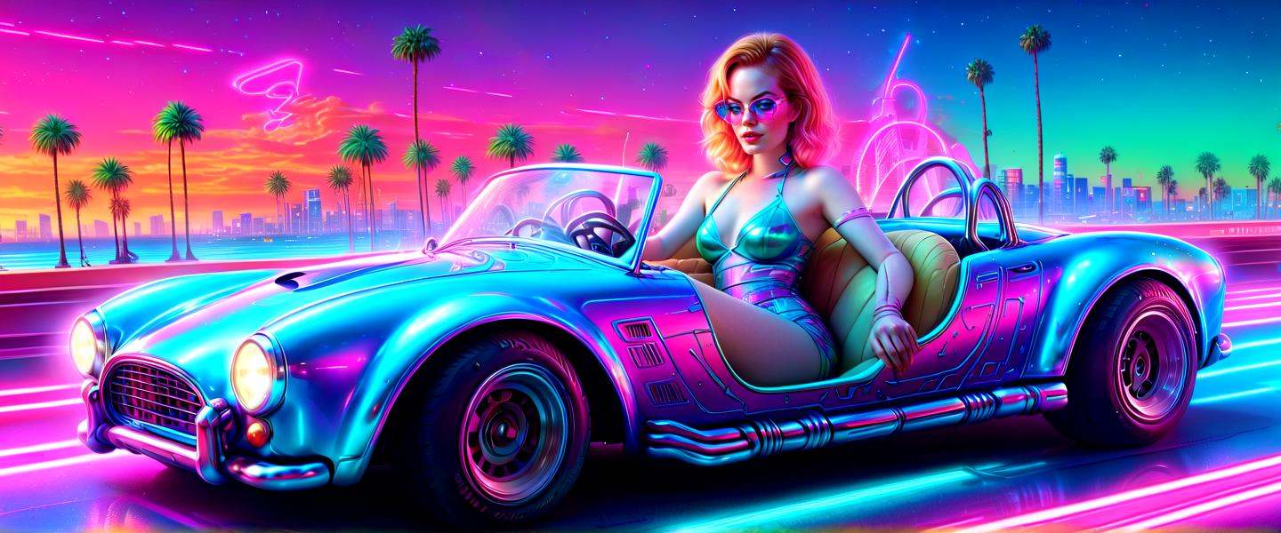 80s retro vaporwave cyborg Emma Stone driving a mini sh3lby car,  speed,  fast on Tensor.Art