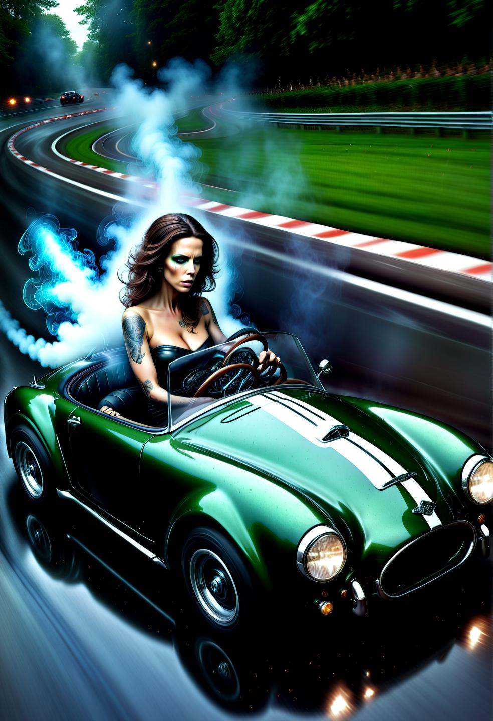 H.P. Lovecraft book cover Kate Beckinsale driving a mini sh3lby car,  speed,  fast on Tensor.Art