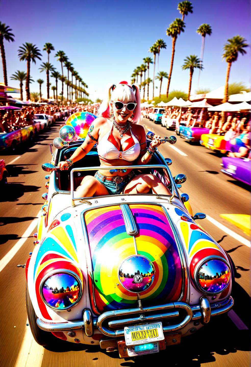 Festival Fashion sexy harley quin driving a mini sh3lby car,  speed,  fast on Tensor.Art
