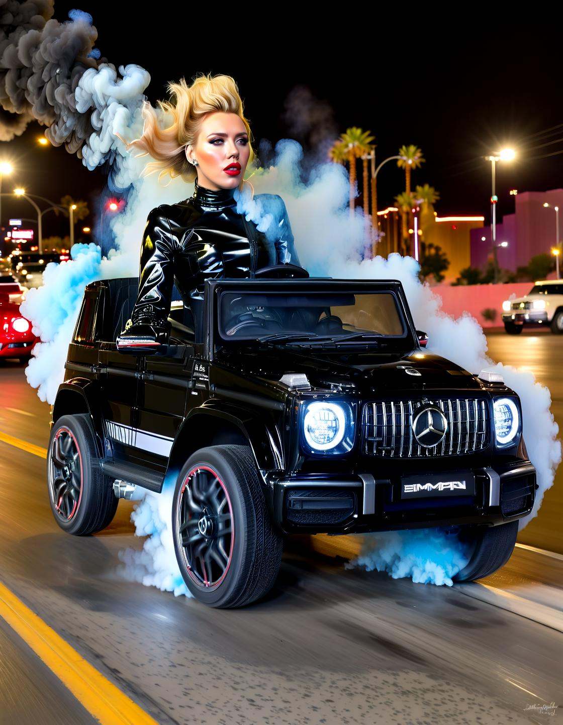 Toei retro anime style Scarlett Johansson drivng a ,  las vegas,  smoke on Tensor.Art