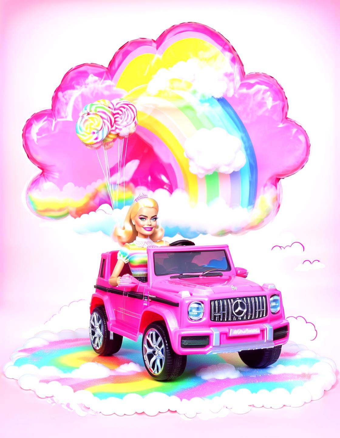 Toei retro anime style Margot Robbie as barbie drivng a ,  barbie world,  candy cotton clouds on Tensor.Art