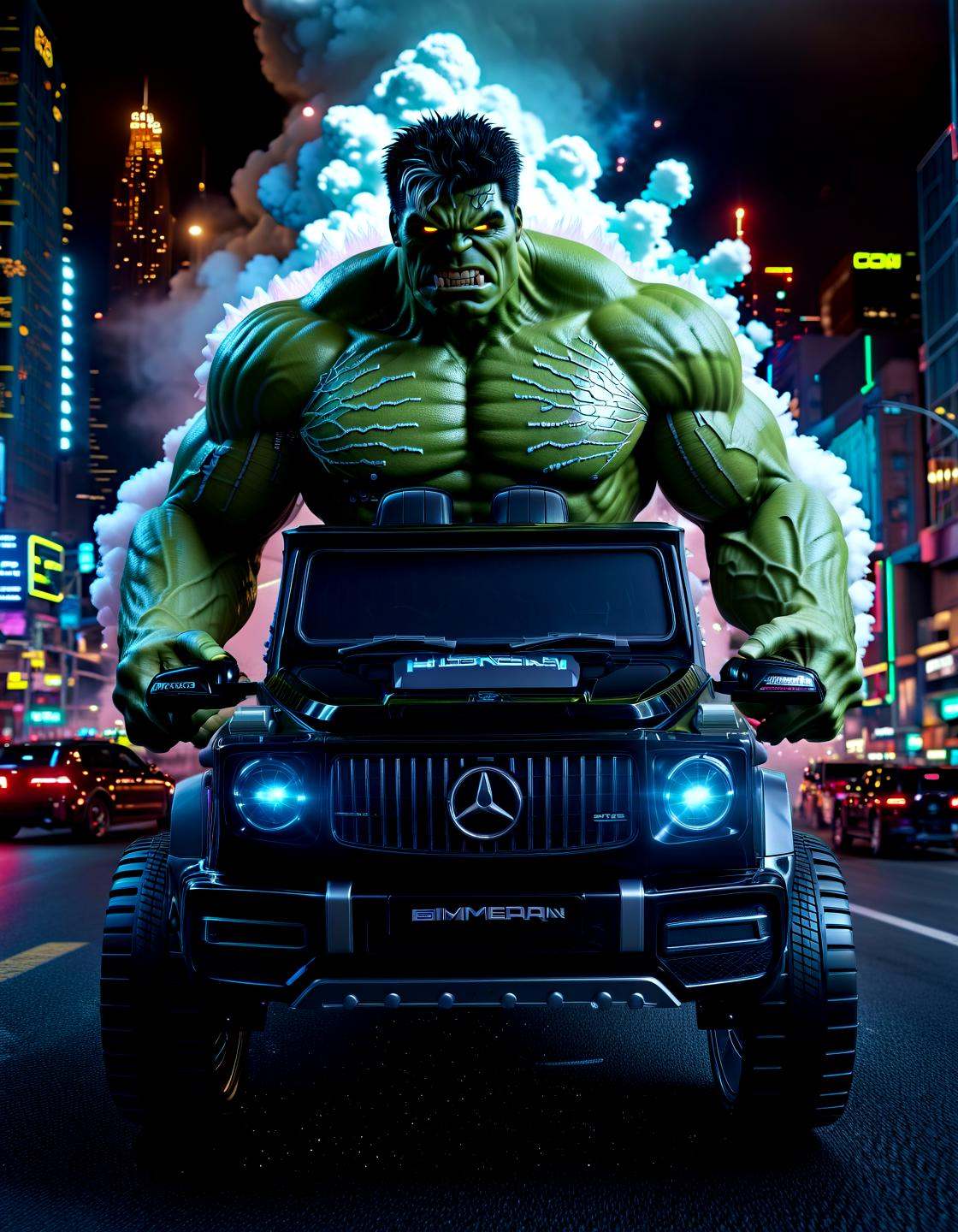 biomechanical cyberpunk the hulk as an cyberpunk android drivng a ,  at night city,  smoke on Tensor.Art