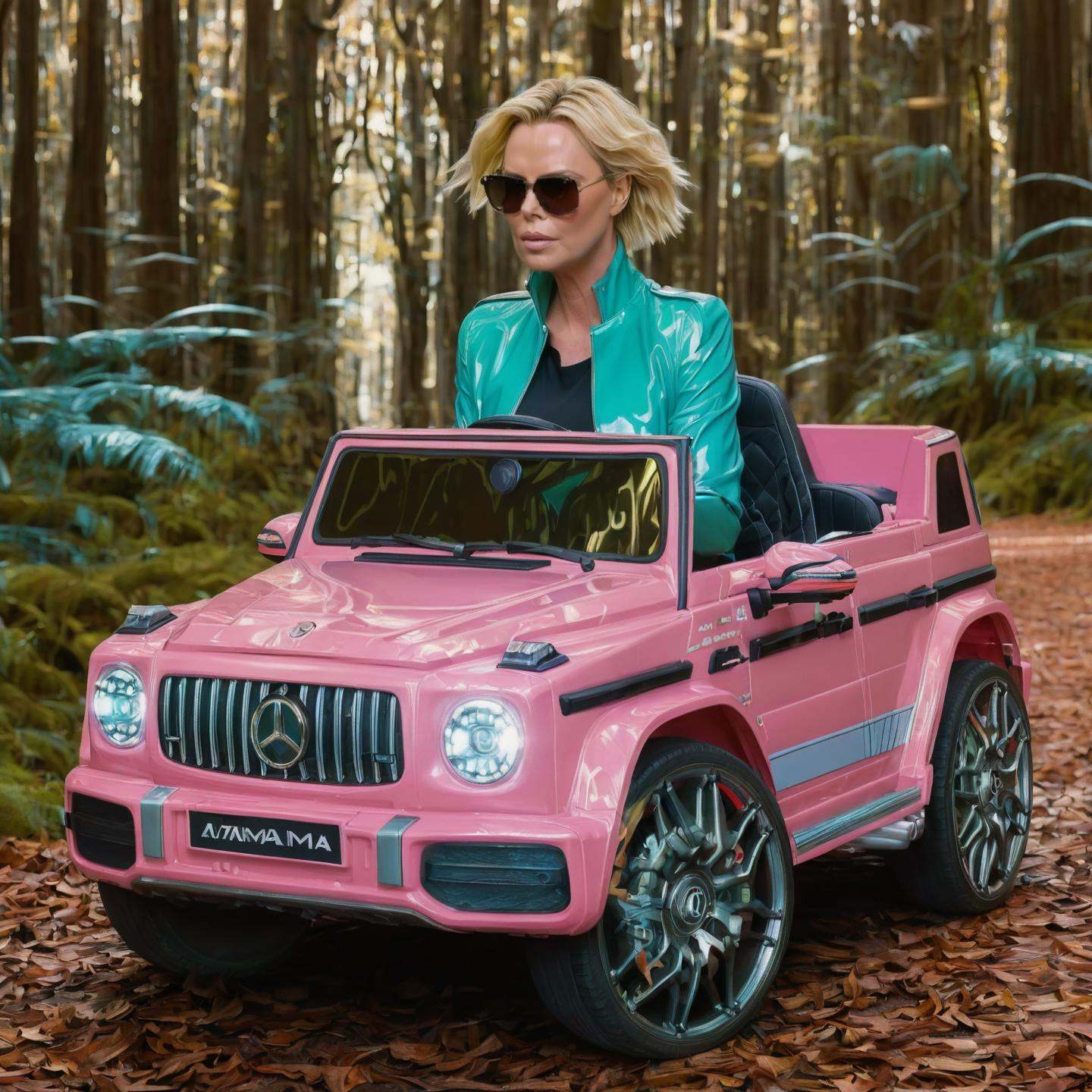 Ankama vivid animation style Charlize Theron driving a mg63,  magical forrest,  bubblegum on Tensor.Art