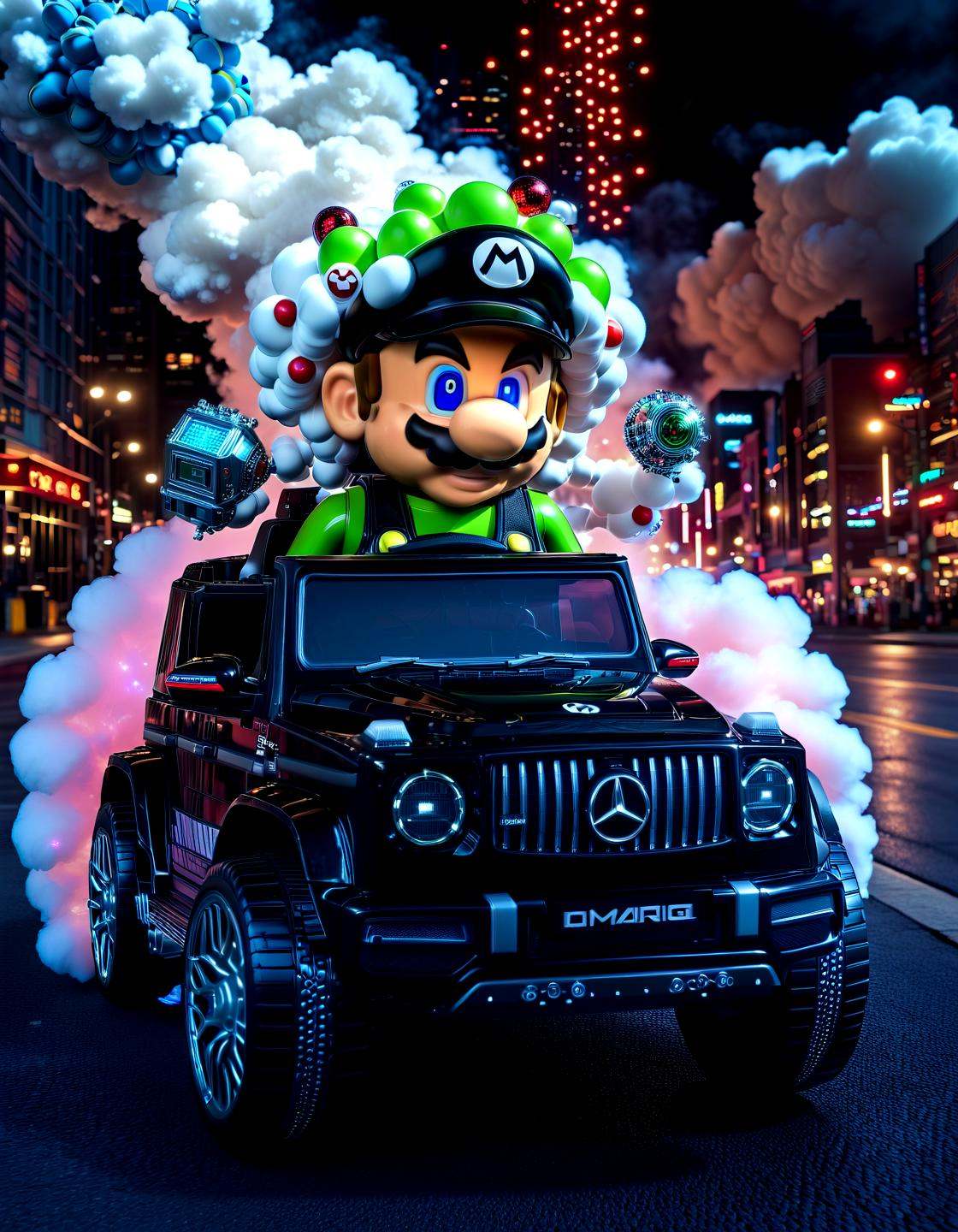 biomechanical cyberpunk mario as an cyberpunk android drivng a ,  at night city,  smoke on Tensor.Art