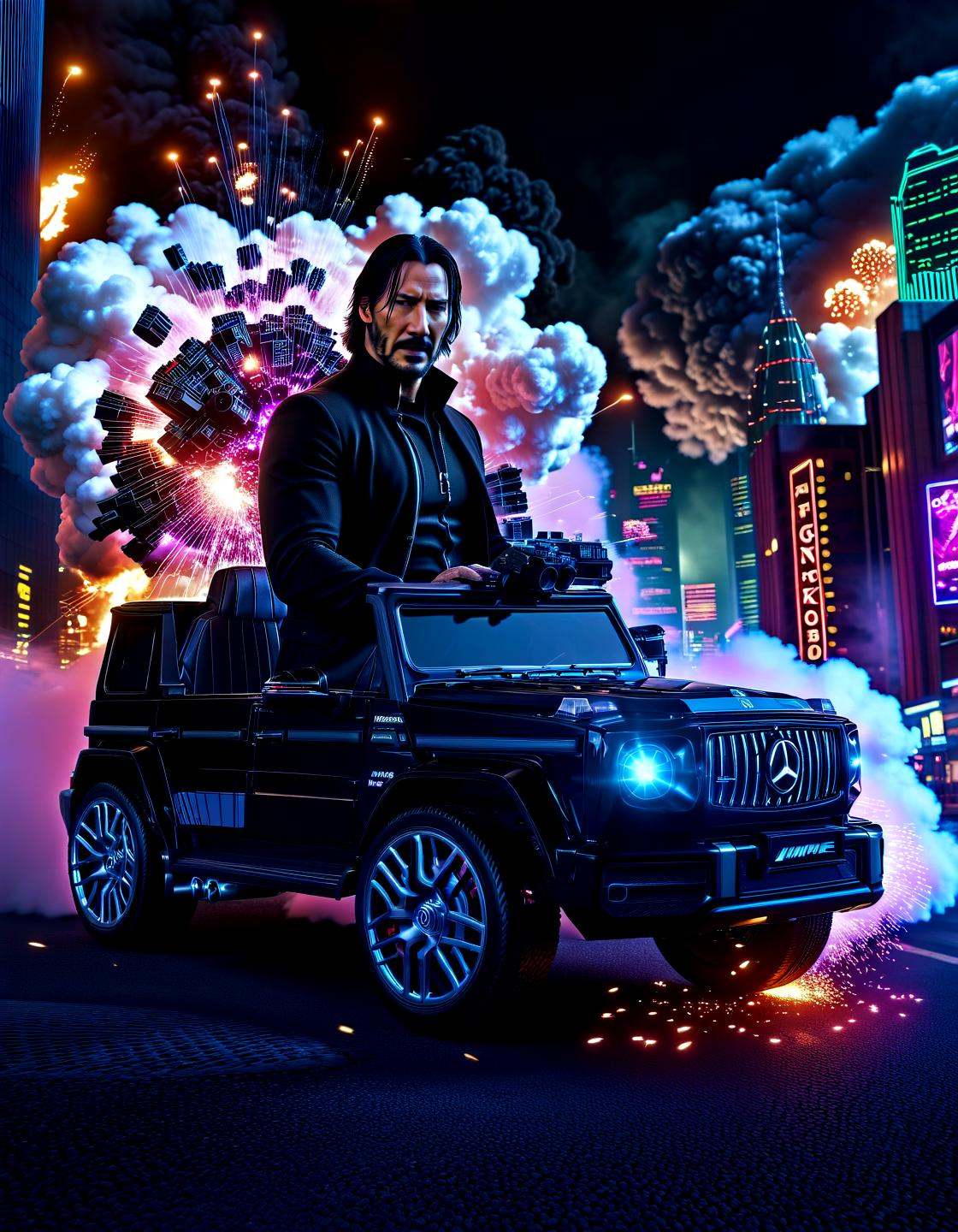 biomechanical cyberpunk john wick as an cyberpunk androis drivng a ,  at night city,  smoke on Tensor.Art