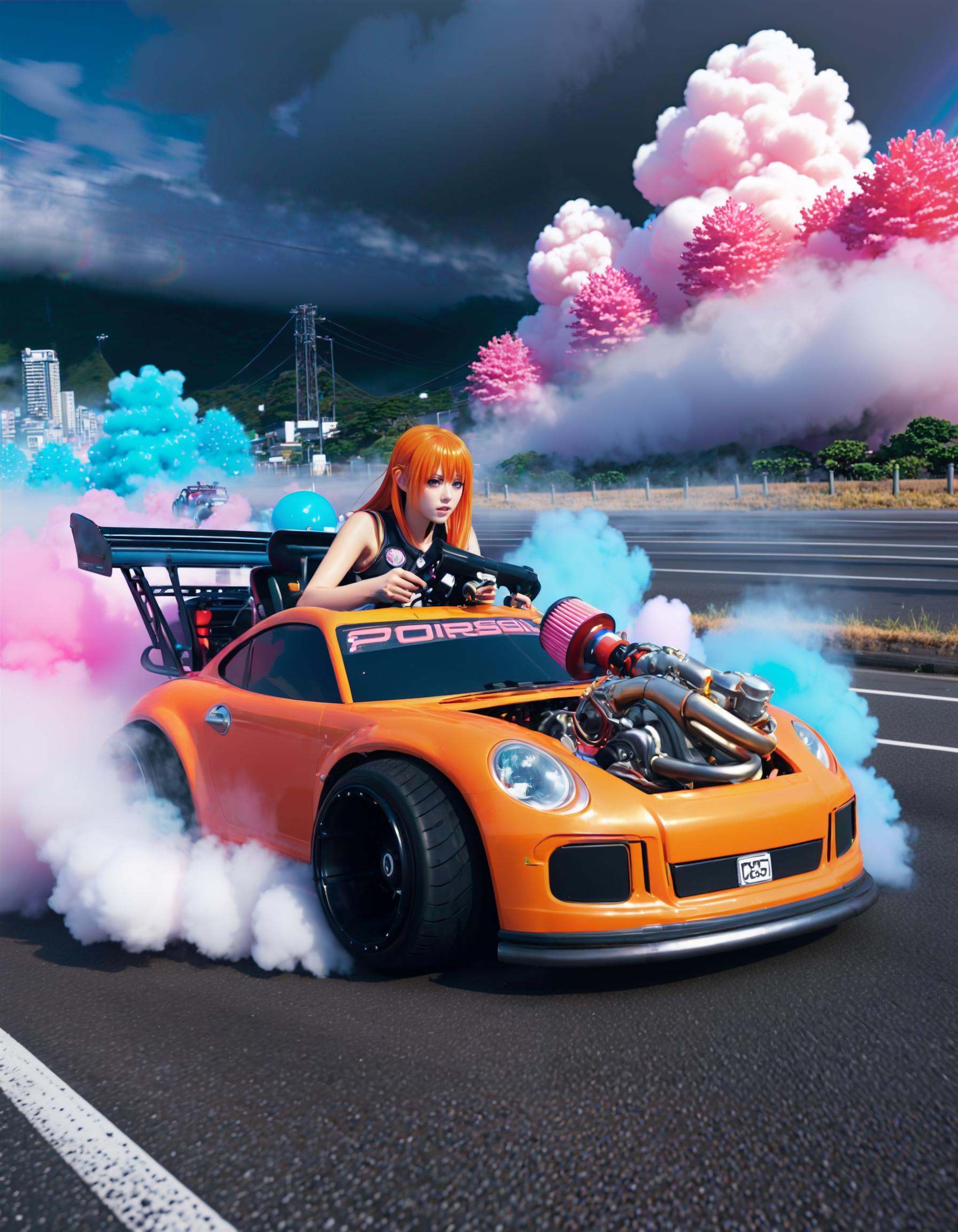 anime artwork Kushina Uzumaki driving a white gold pturbo,  city,  fog on Tensor.Art