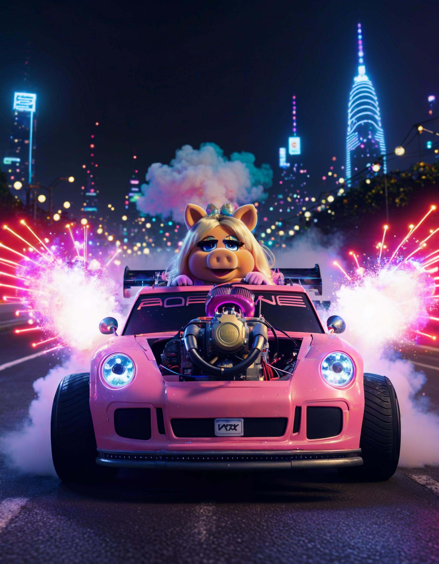 anime artwork RAW photo,  miss piggy driving a white pturbo,  night city on Tensor.Art