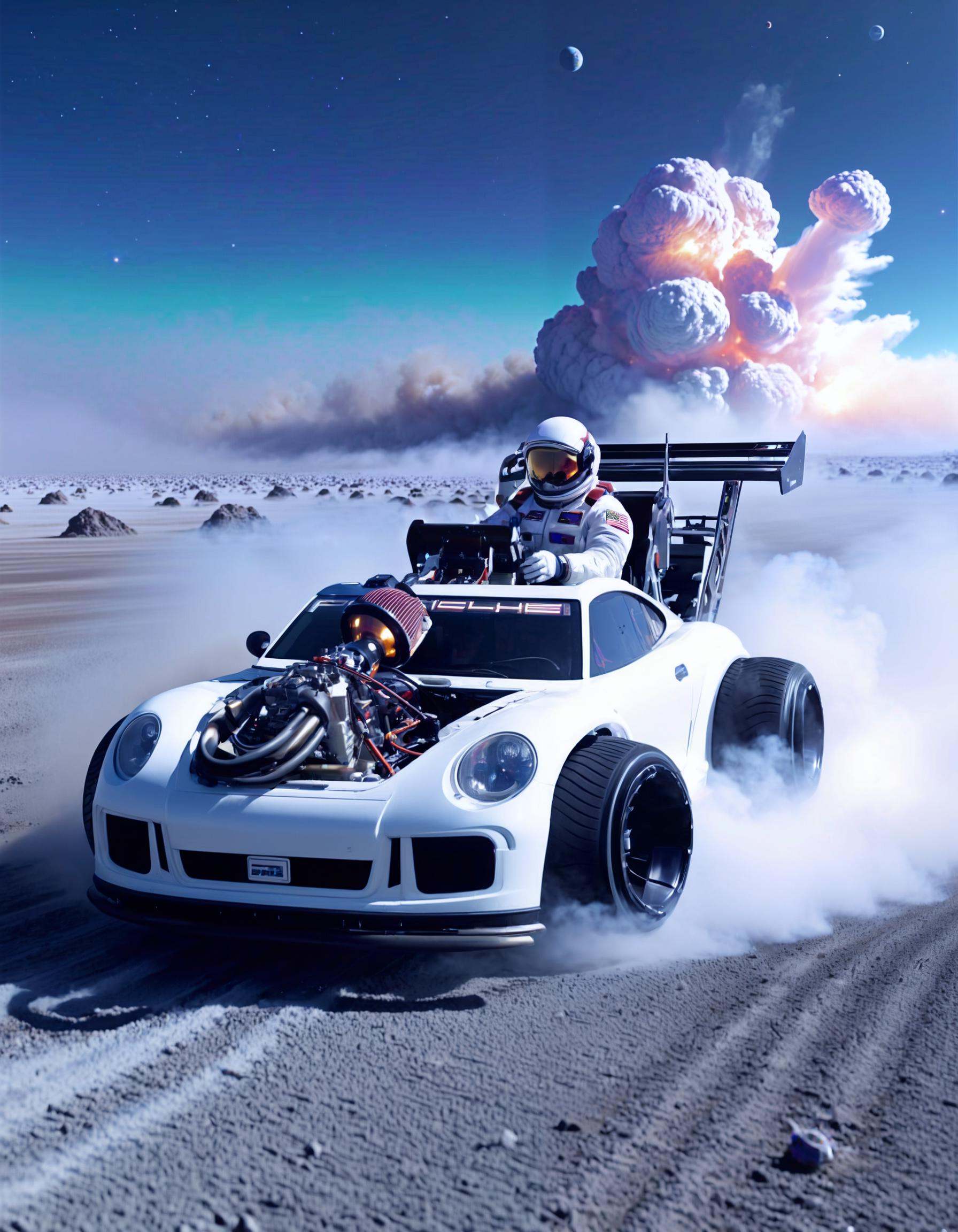sci-fi style an astronaut driving a white pturbo,  at a alien planet,  fog on Tensor.Art