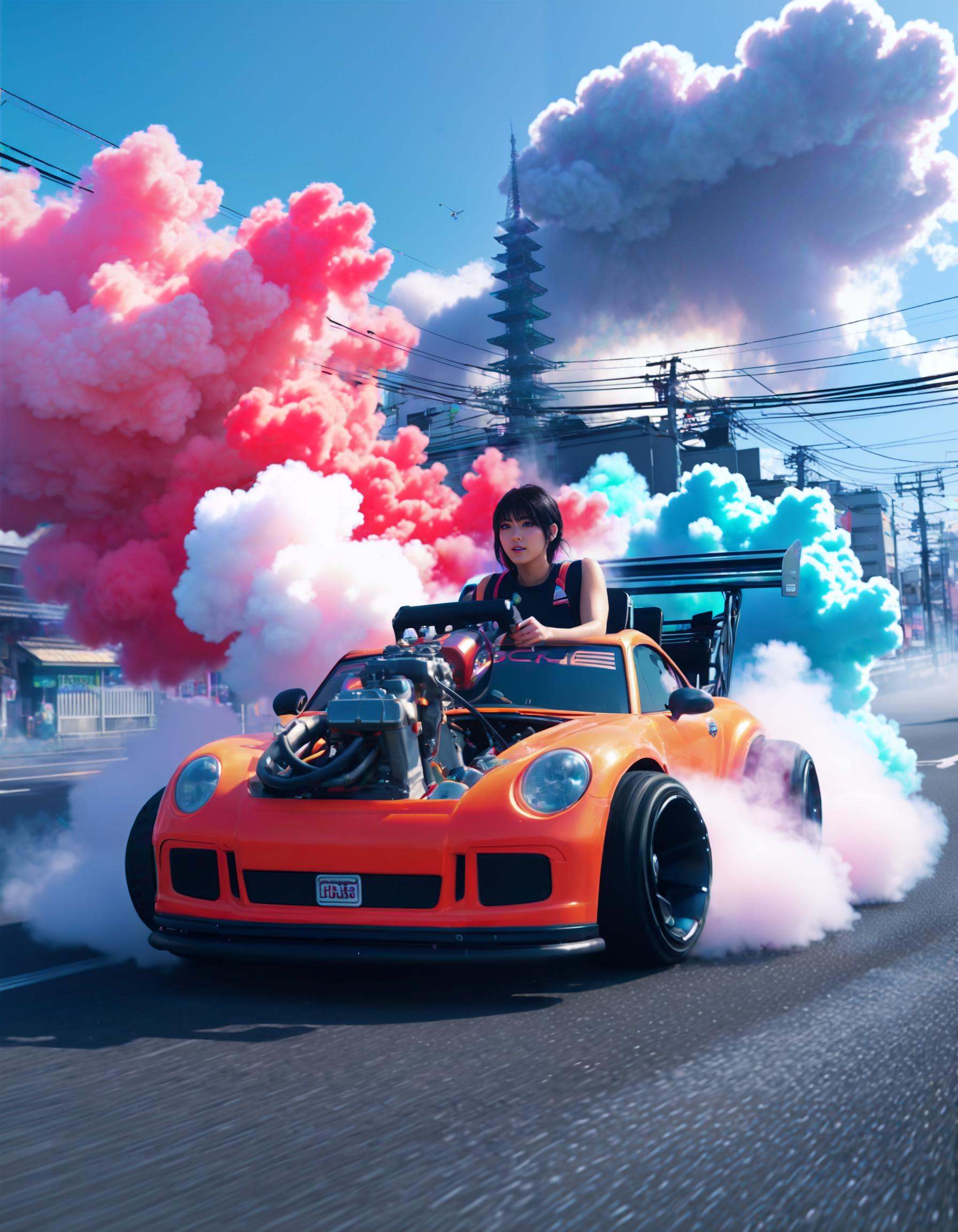anime artwork Nobara Kugisaki driving a pturbo,  city,  fog on Tensor.Art
